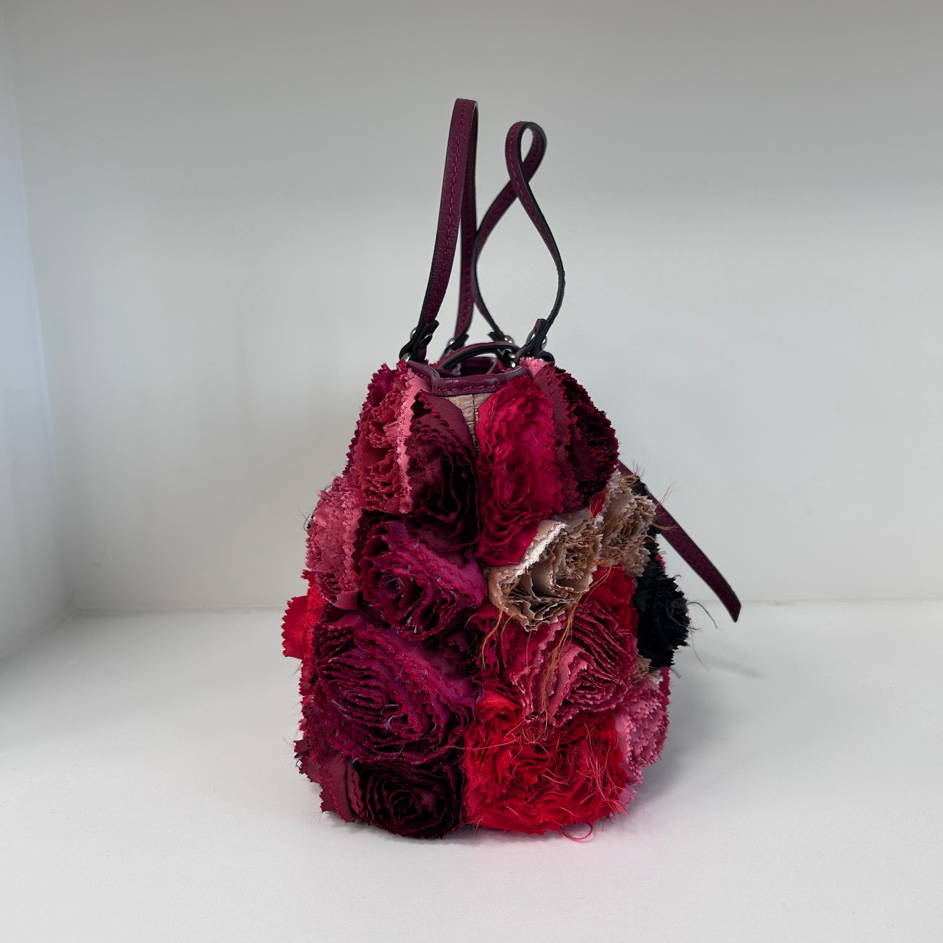 Red Satin/Leather Applique Flower Shopper Tote