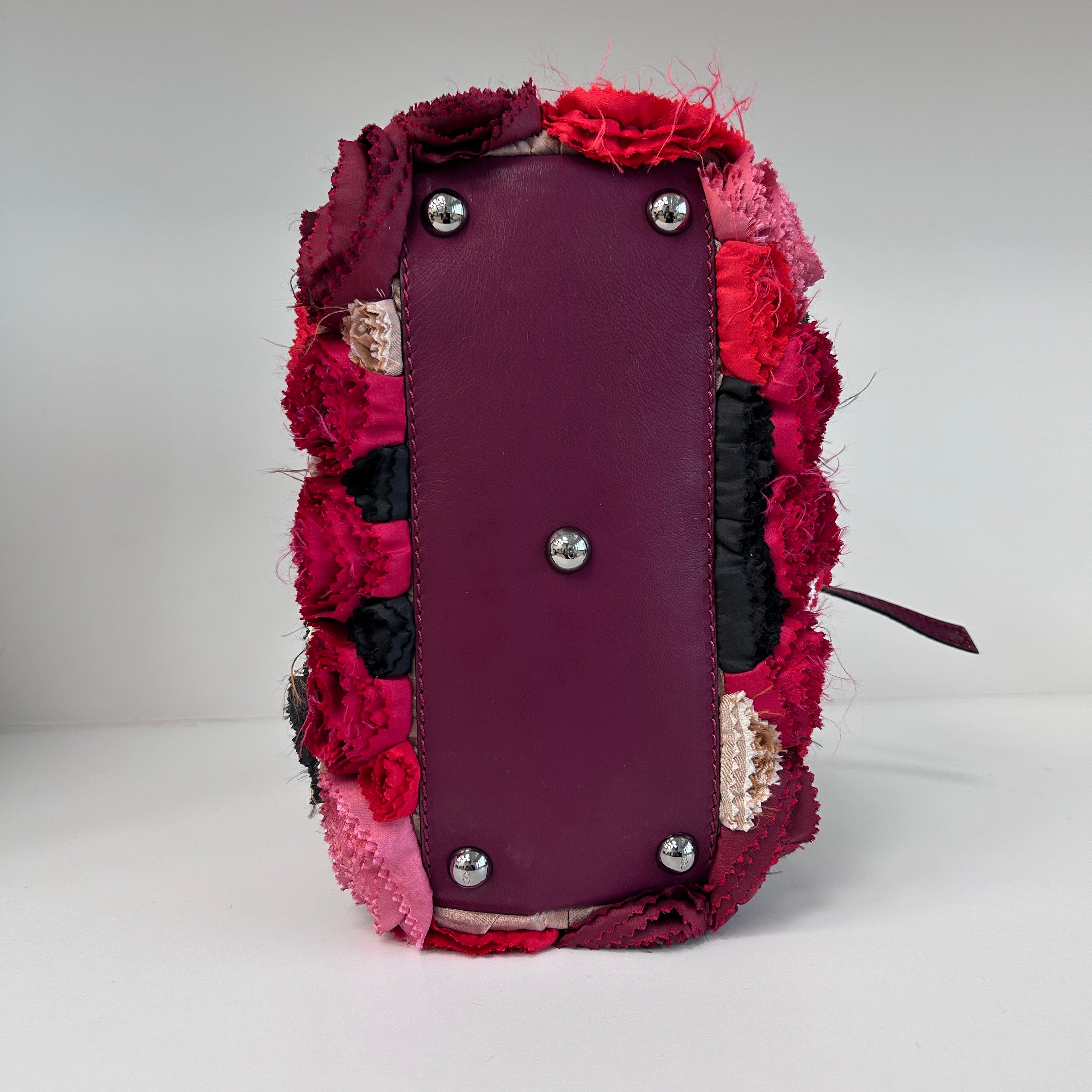Red Satin/Leather Applique Flower Shopper Tote
