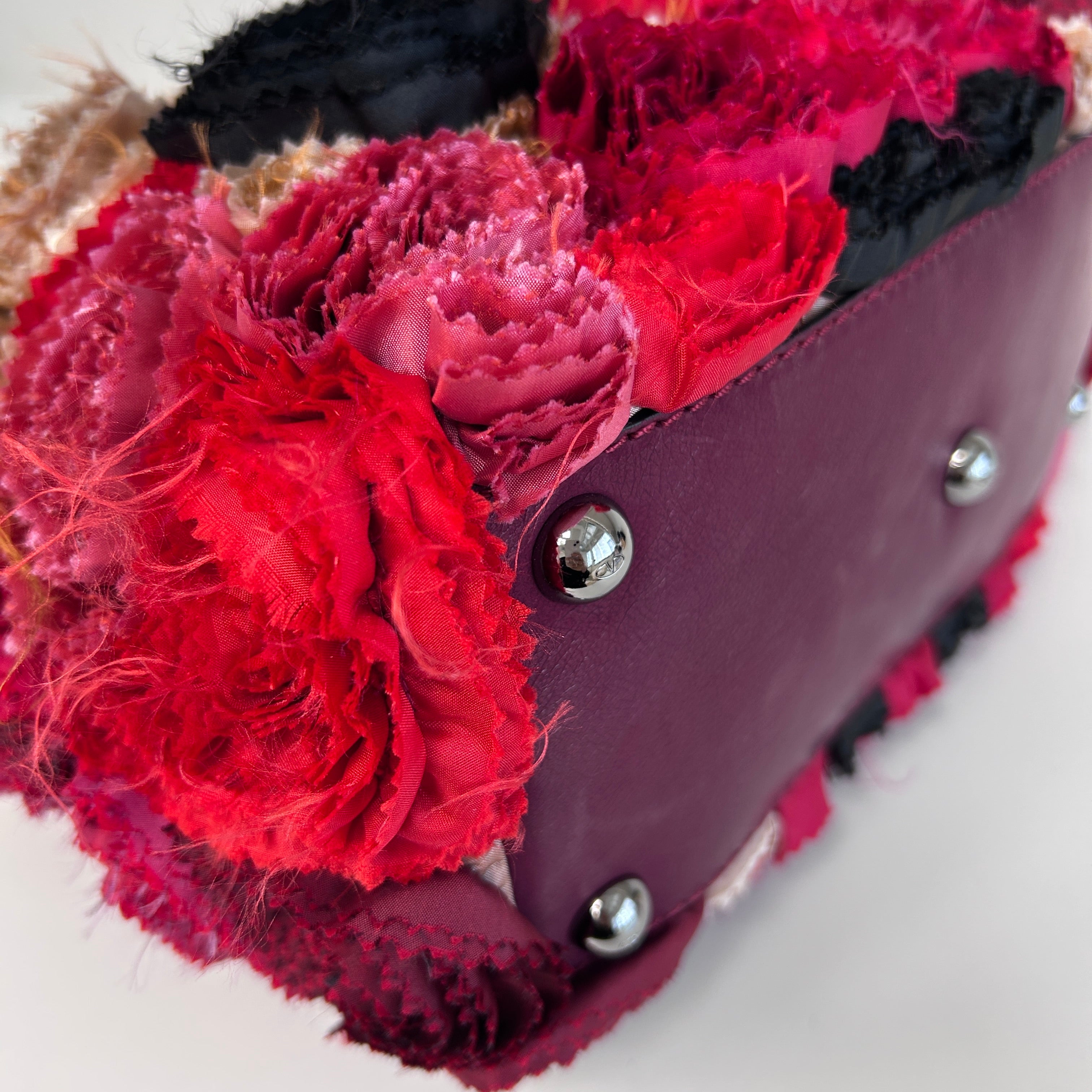 Red Satin/Leather Applique Flower Shopper Tote