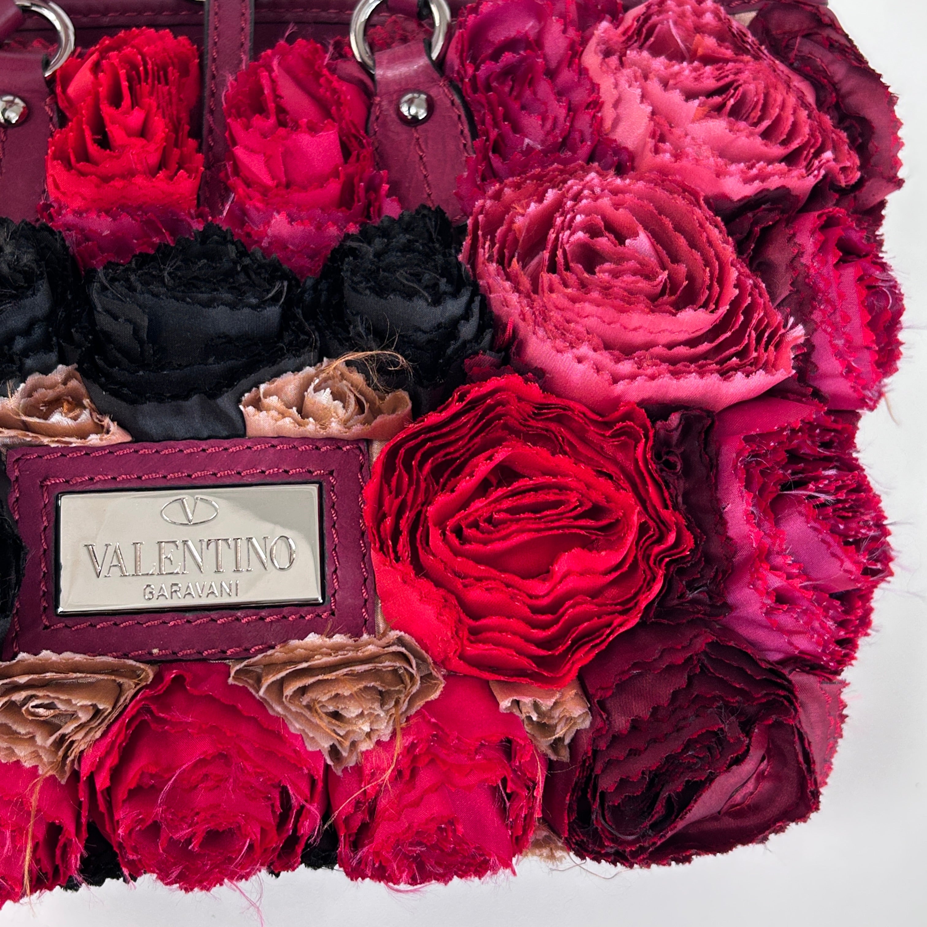 Red Satin/Leather Applique Flower Shopper Tote