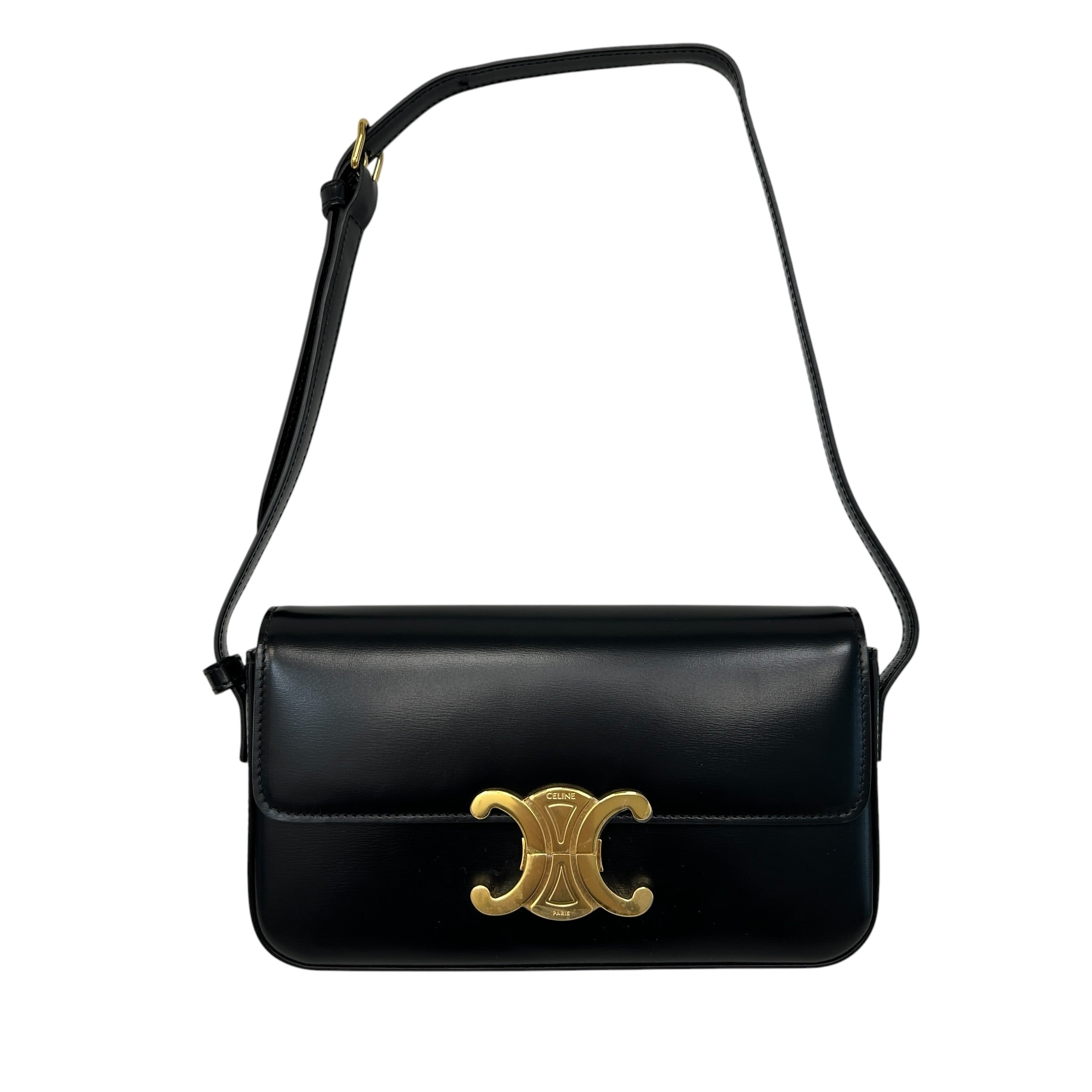Black Shiny Calfskin Leather Claude Triomphe Shoulder Bag w/GHW