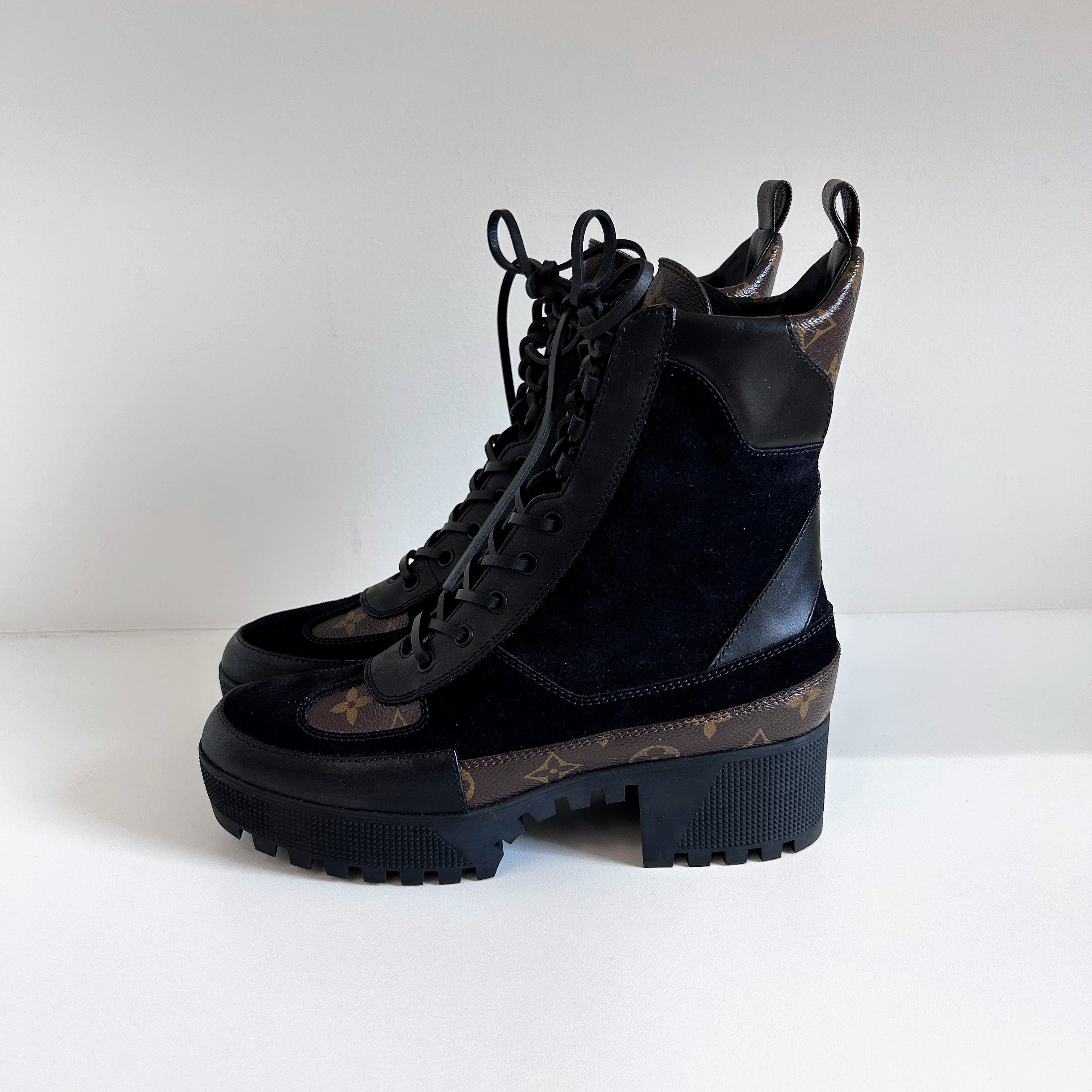 Black Leather/Velvet/ Monogram Coated Canvas Laureate Desert Boots