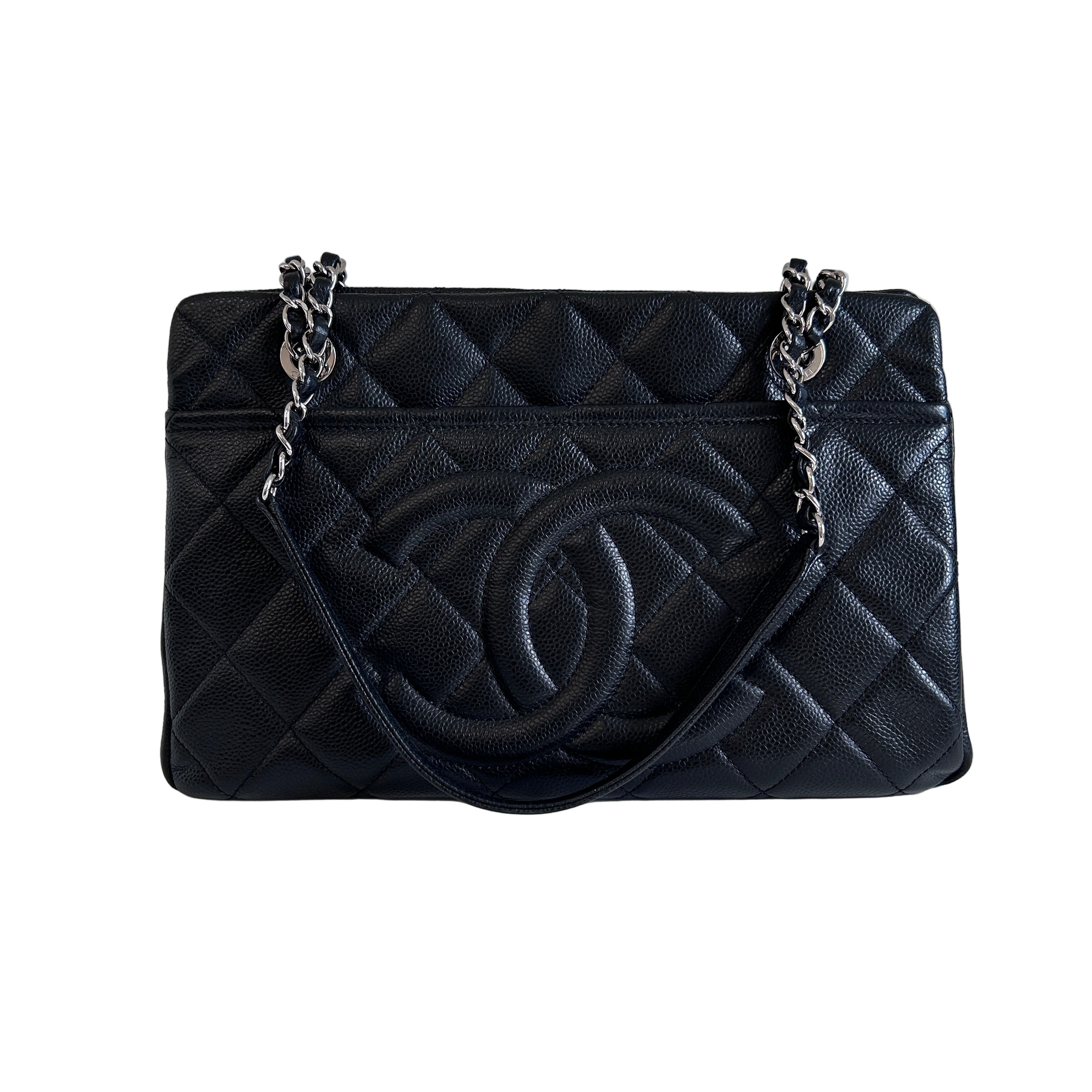 Black Quilted Caviar Leather Timeless CC Soft Shopping Tote Bag