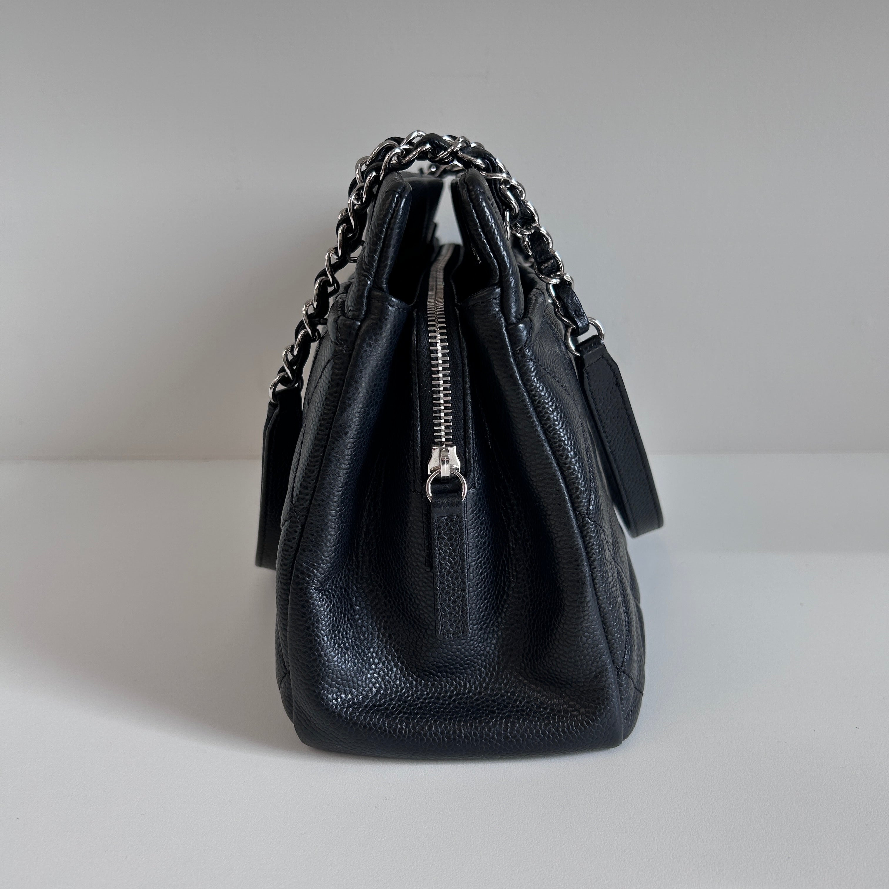 Black Quilted Caviar Leather Timeless CC Soft Shopping Tote Bag
