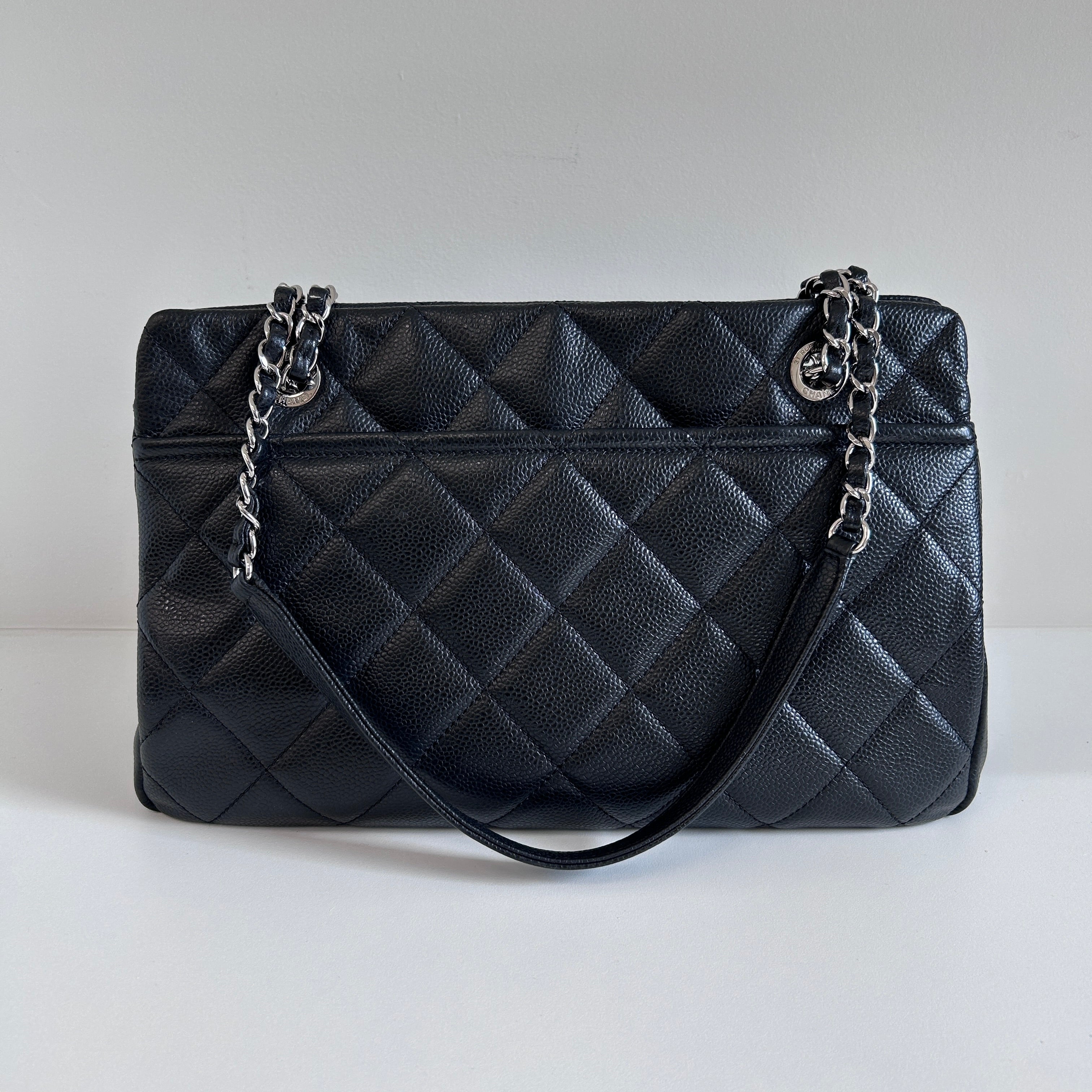 Black Quilted Caviar Leather Timeless CC Soft Shopping Tote Bag