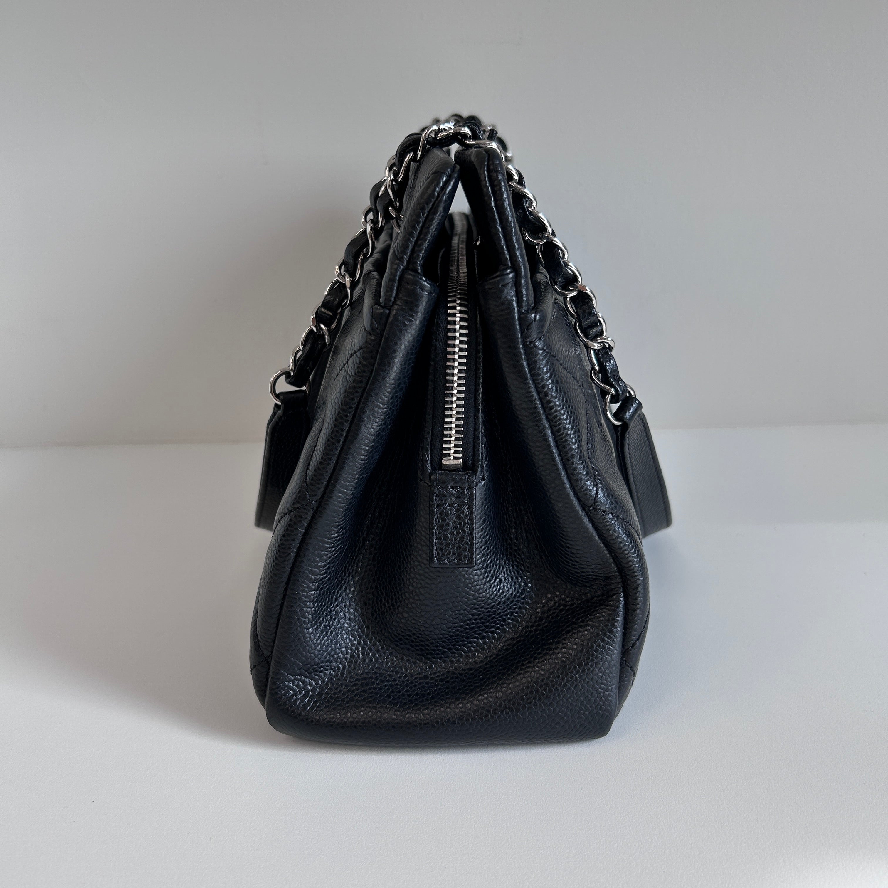 Black Quilted Caviar Leather Timeless CC Soft Shopping Tote Bag