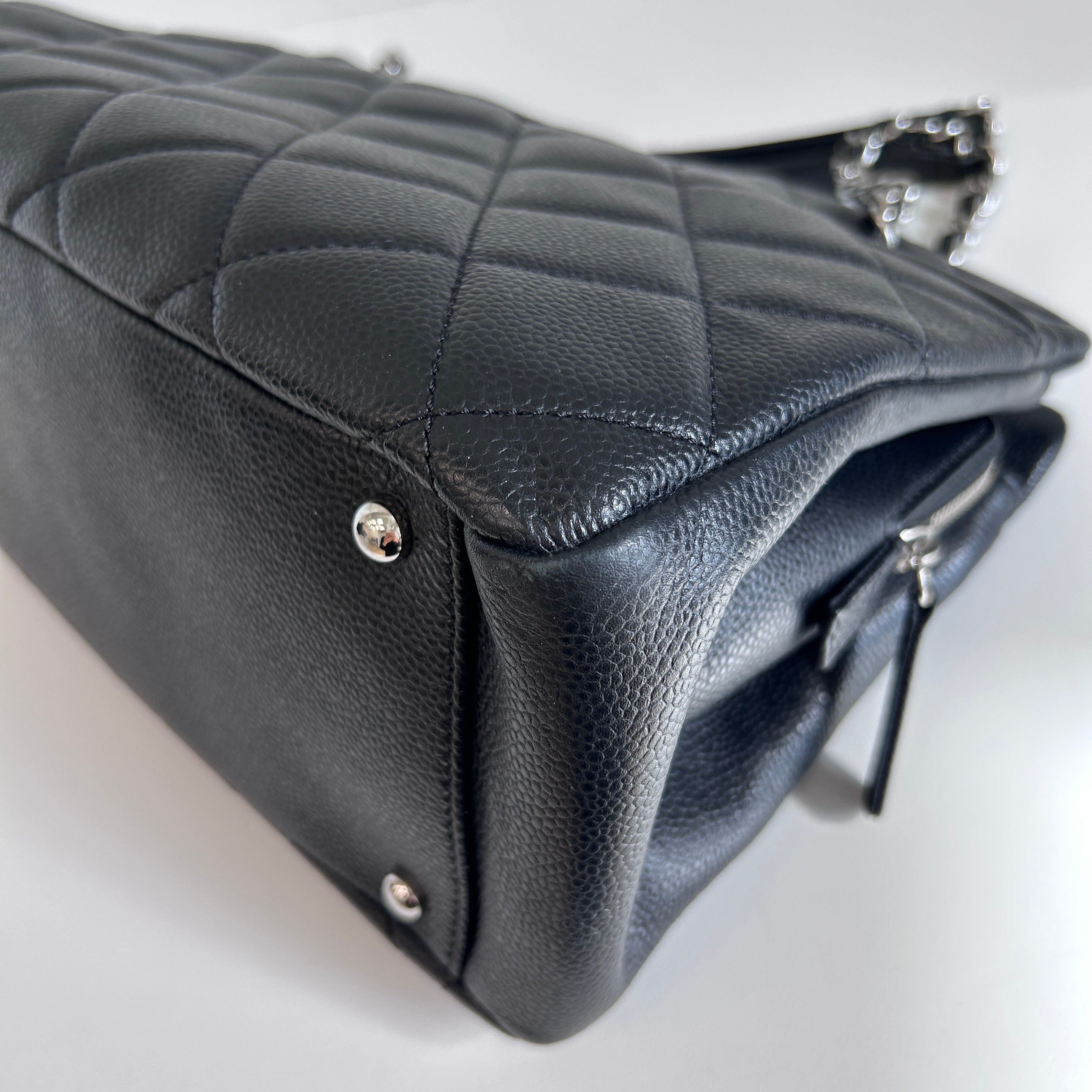 Black Quilted Caviar Leather Timeless CC Soft Shopping Tote Bag