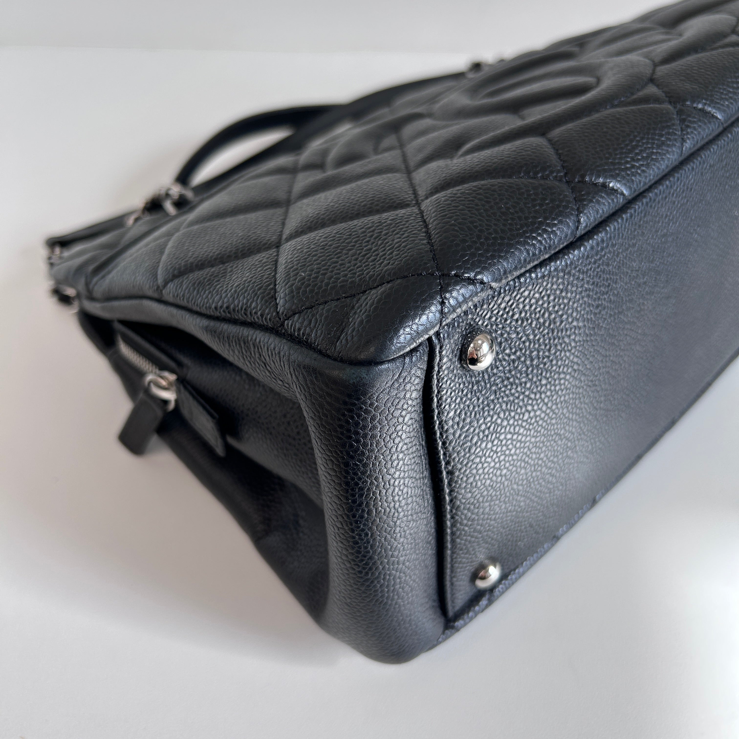 Black Quilted Caviar Leather Timeless CC Soft Shopping Tote Bag