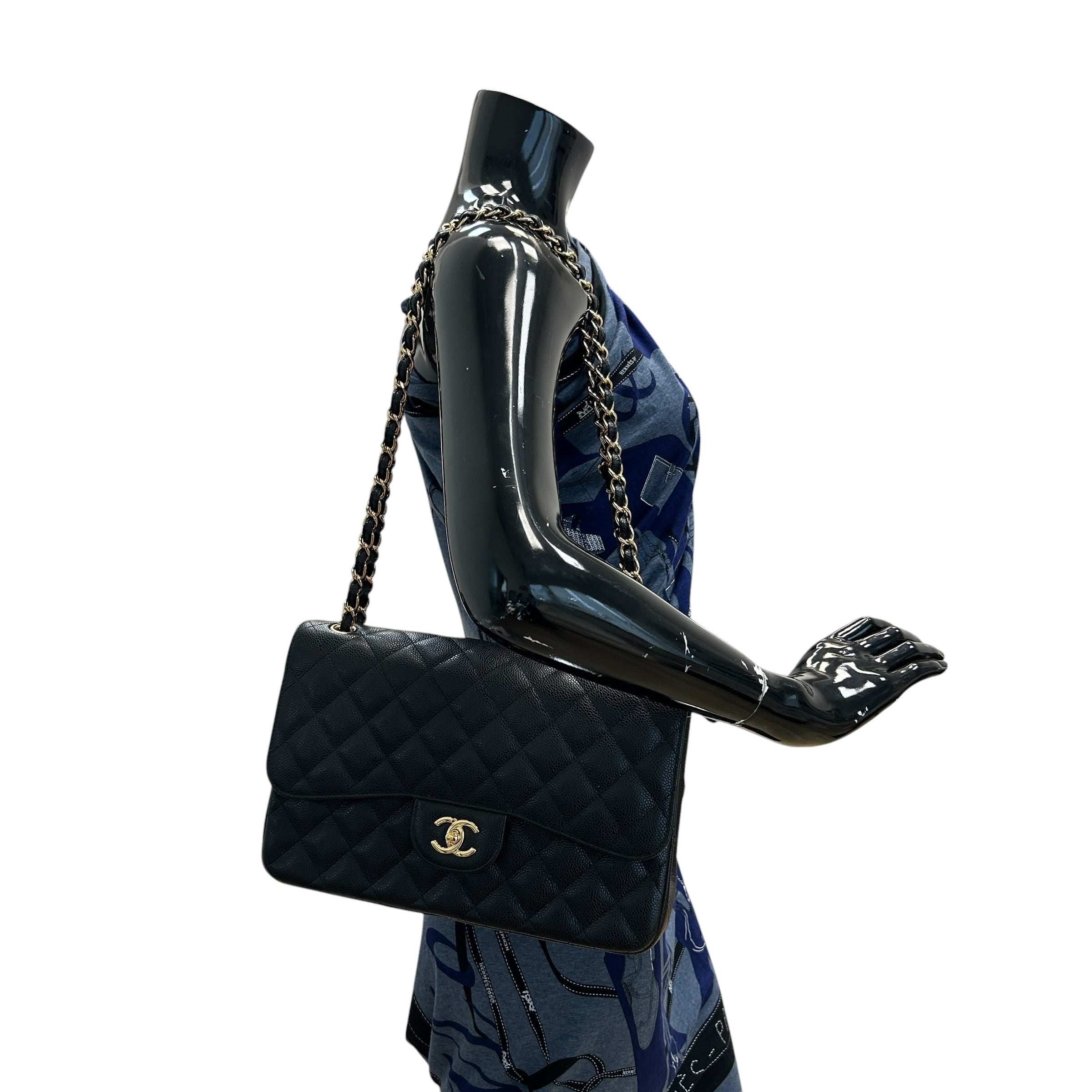 Black Caviar Leather Classic Jumbo Double Flap Bag w/GHW
