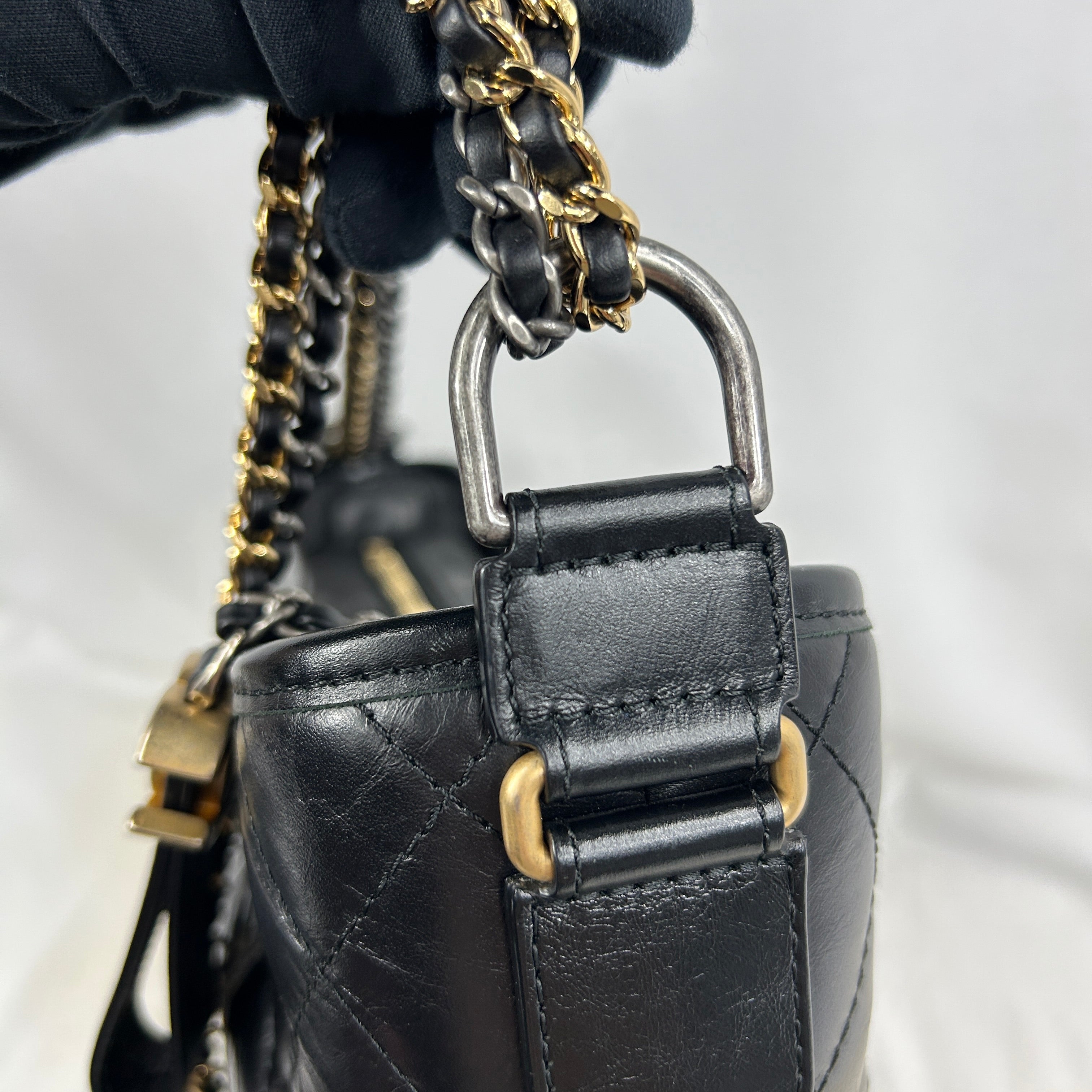 Black Aged Quilted Calfskin Leather Medium Gabrielle Hobo Bag w/ AGHW/RHW/SHW/GHW