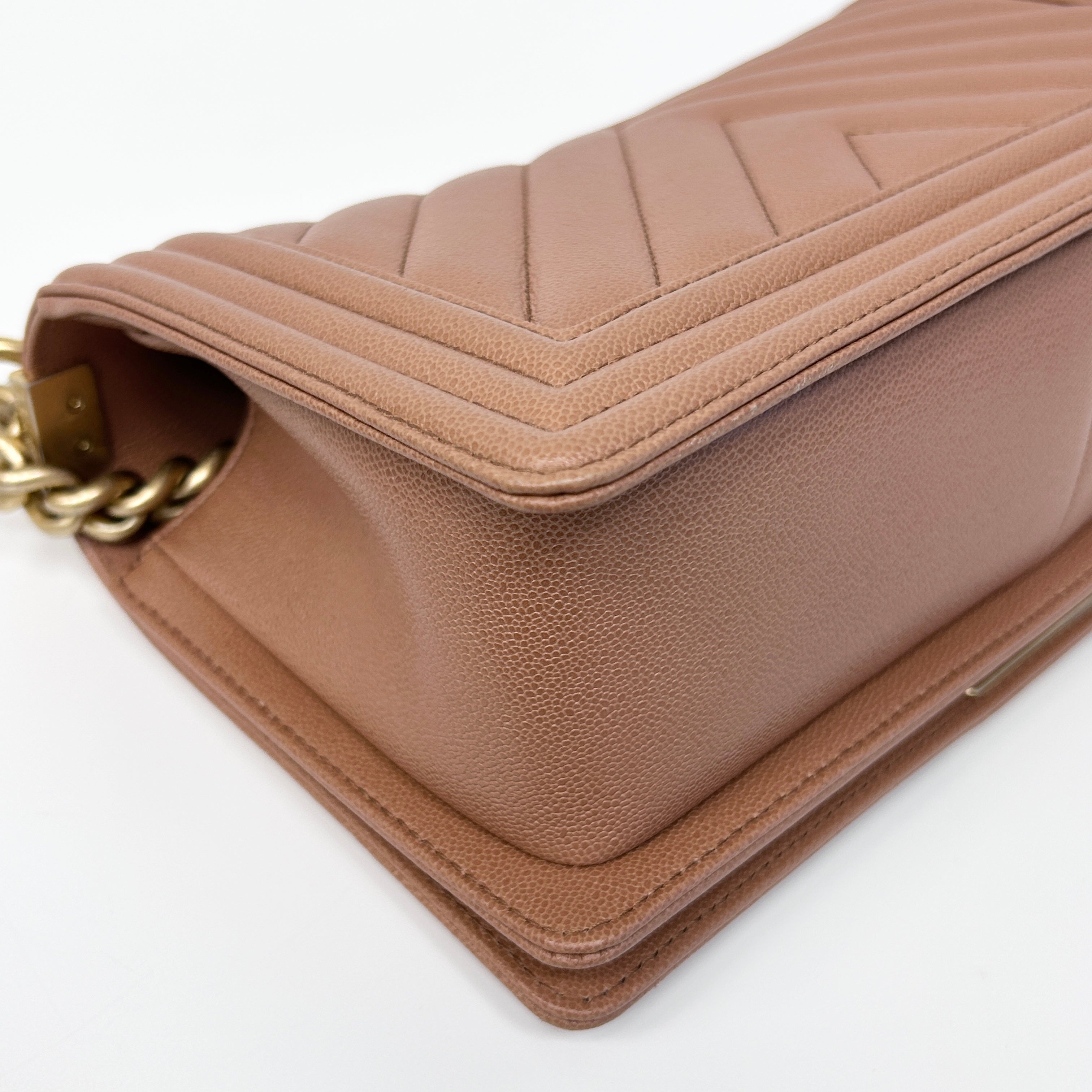 Brown Chevron Quilted Caviar Leather Medium Boy Flap Bag w/AGHW