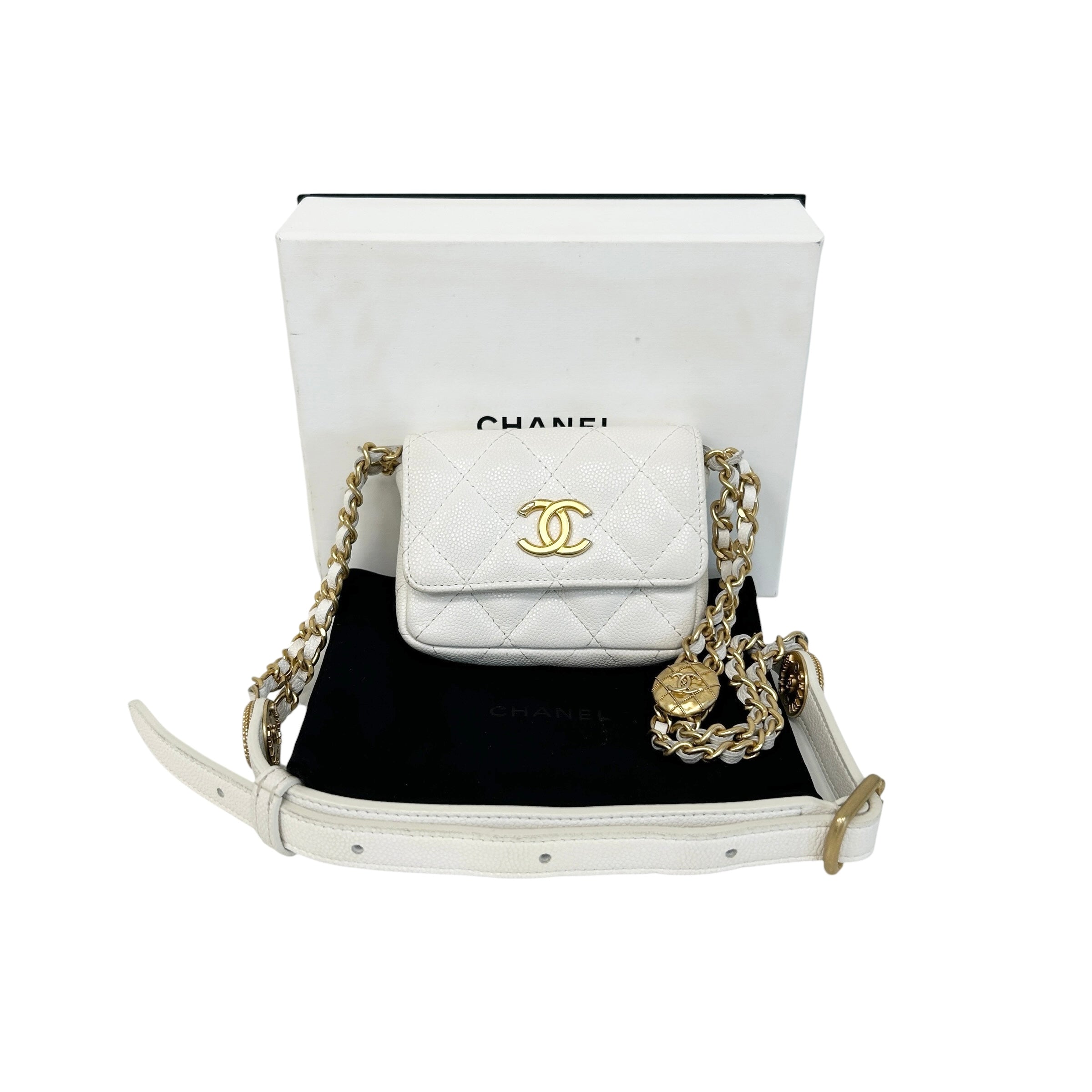 White Quilted Caviar Leather Twist Your Buttons Coin Purse On Chain Flap Bag w/GHW