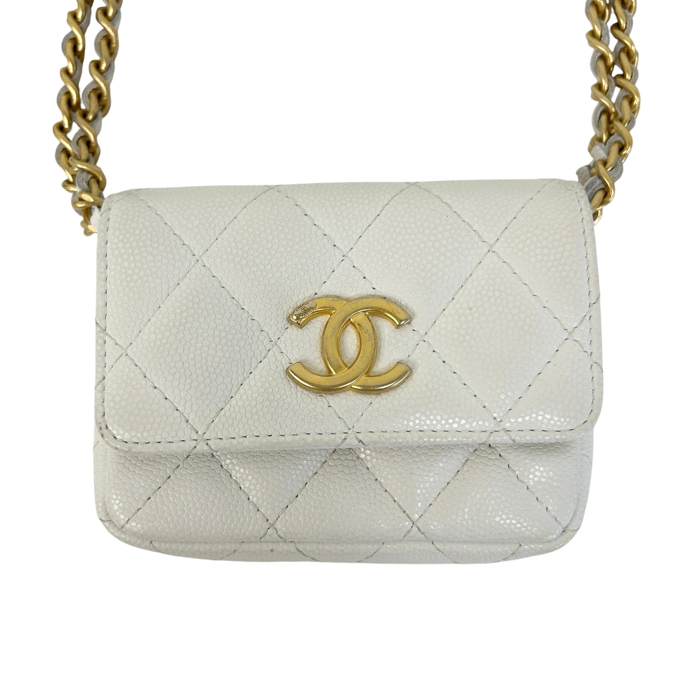 White Quilted Caviar Leather Twist Your Buttons Coin Purse On Chain Flap Bag w/GHW
