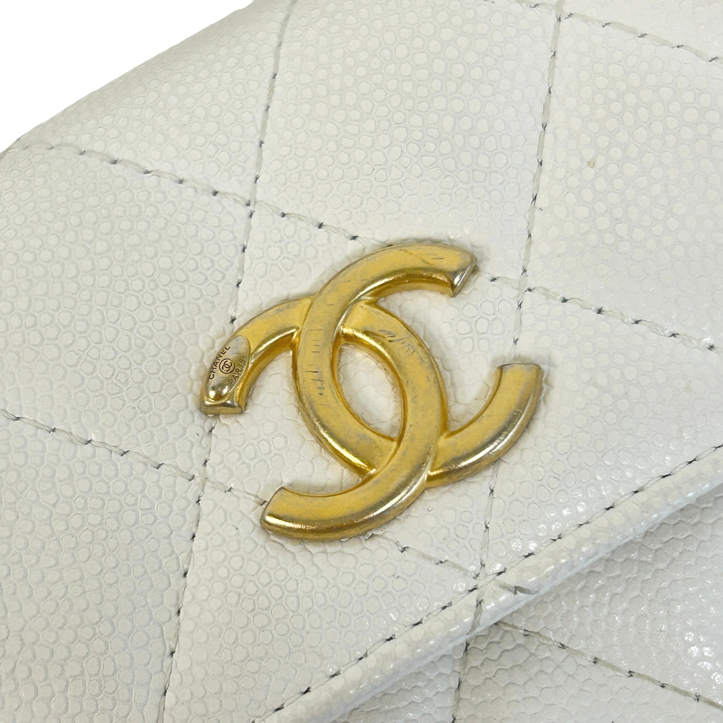 White Quilted Caviar Leather Twist Your Buttons Coin Purse On Chain Flap Bag w/GHW