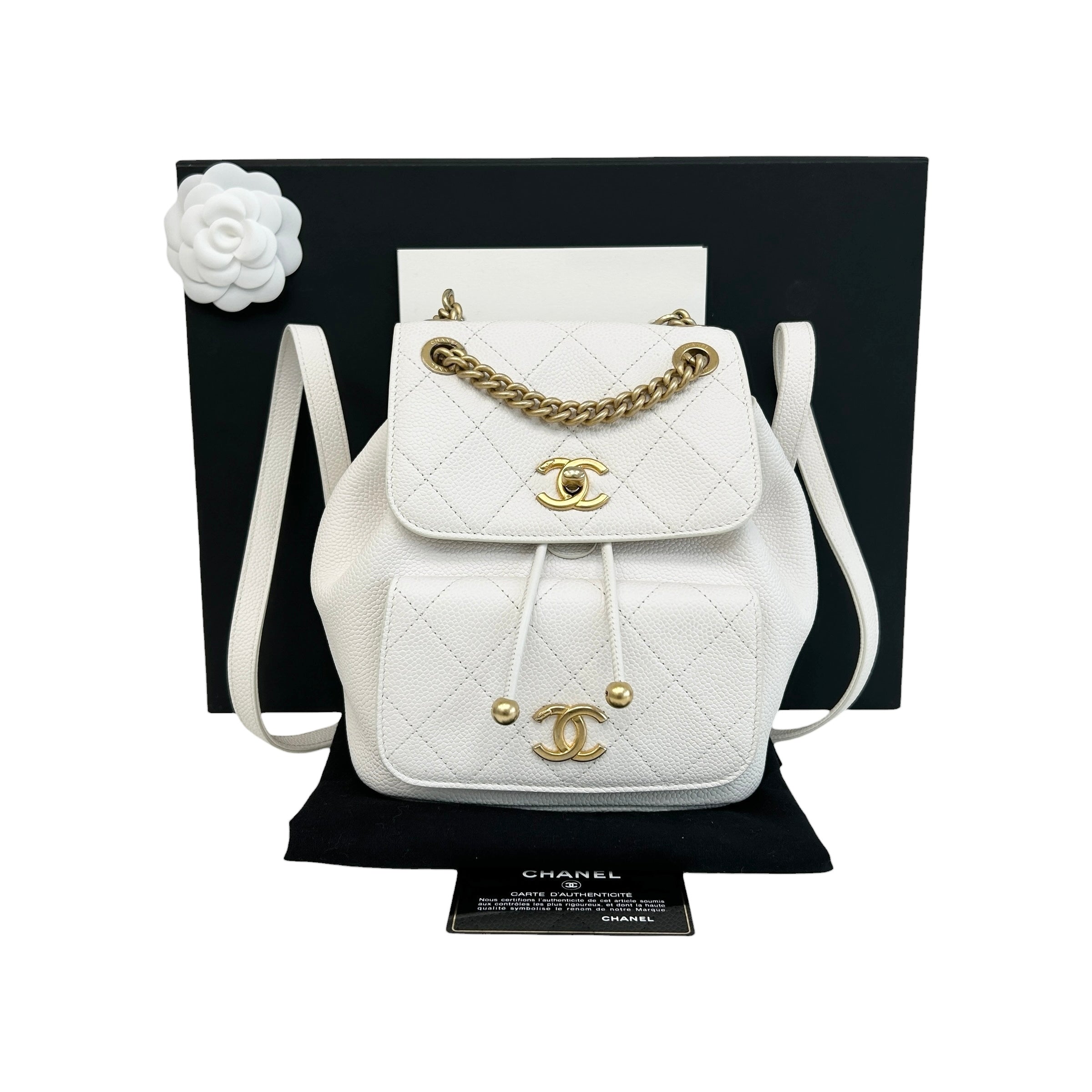 White Quilted Caviar Leather Matelasse Chain Backpack w/GHW