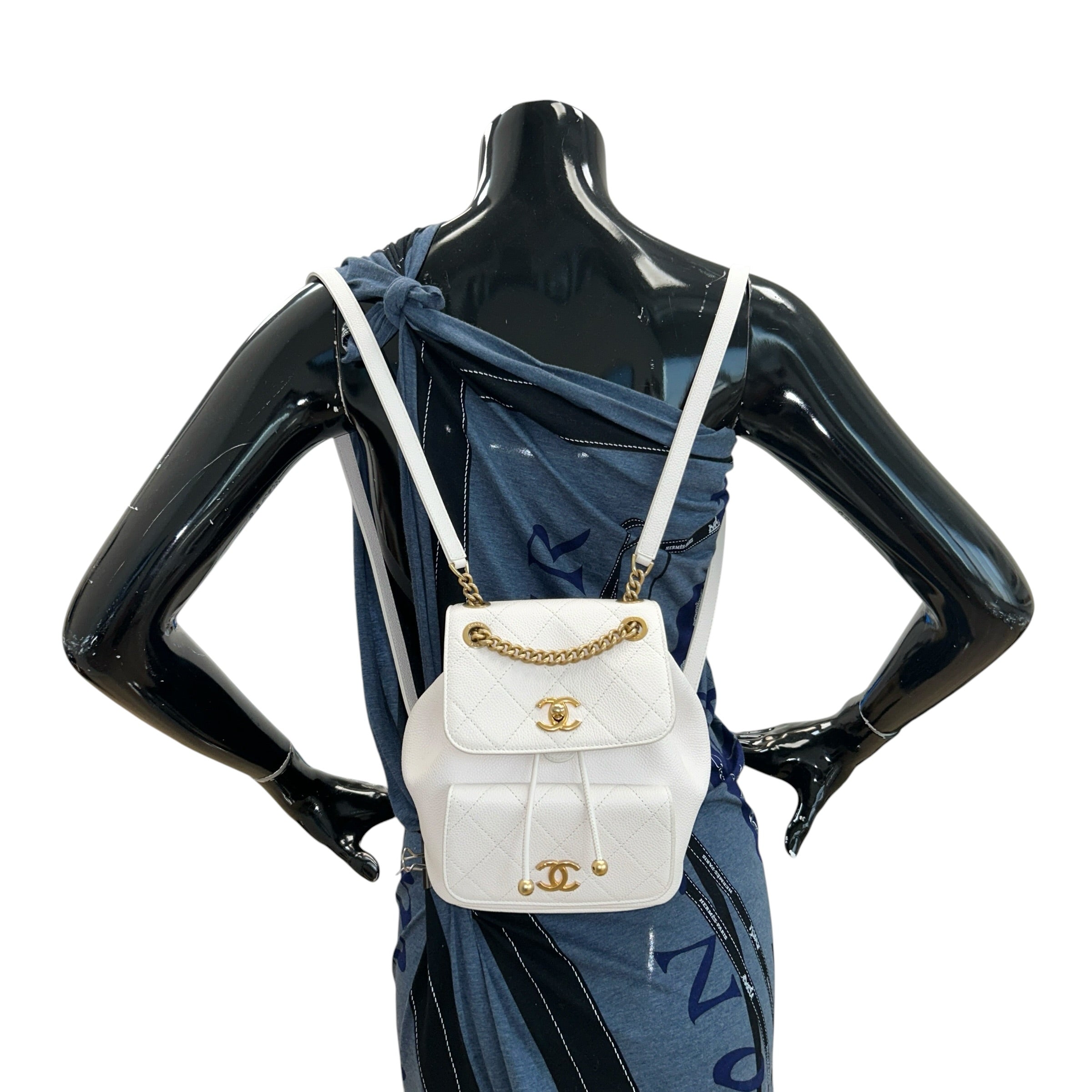 White Quilted Caviar Leather Matelasse Chain Backpack w/GHW