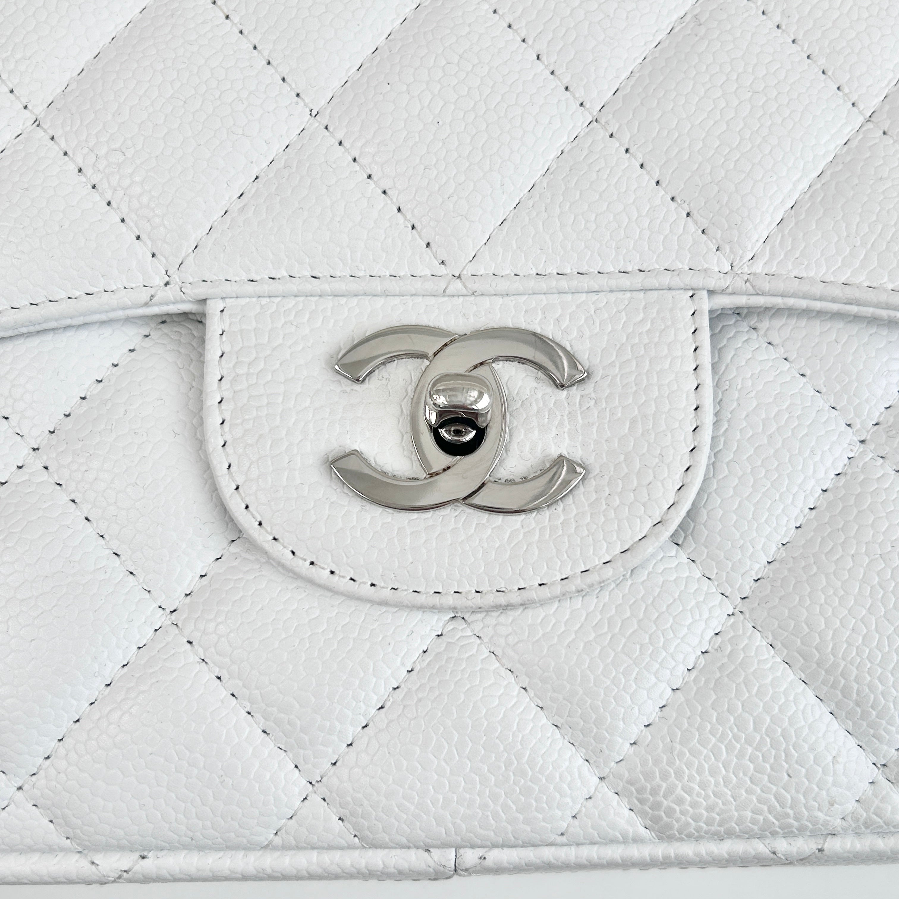 White Caviar Quilted Jumbo Single Flap Bag w/SHW