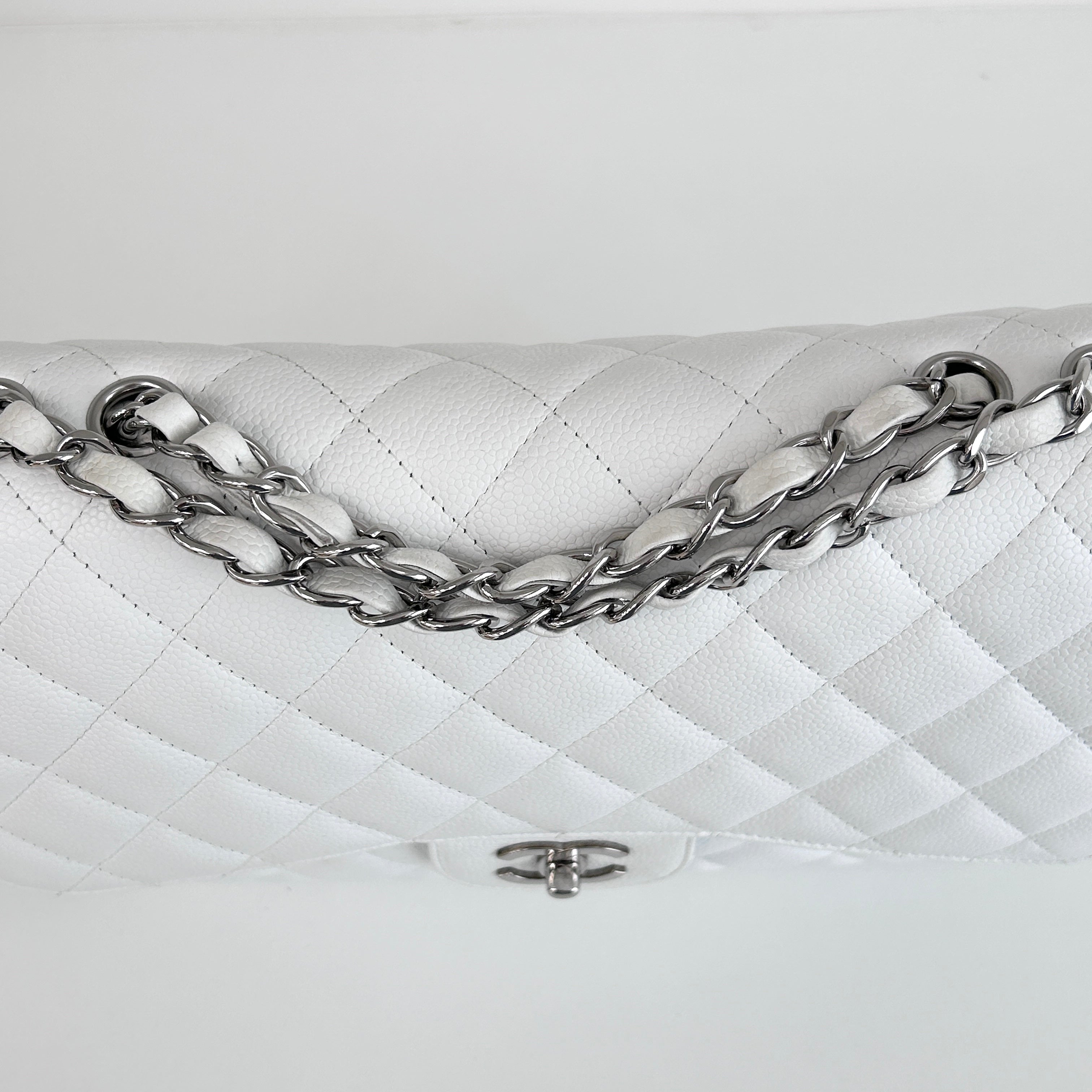 White Caviar Quilted Jumbo Single Flap Bag w/SHW