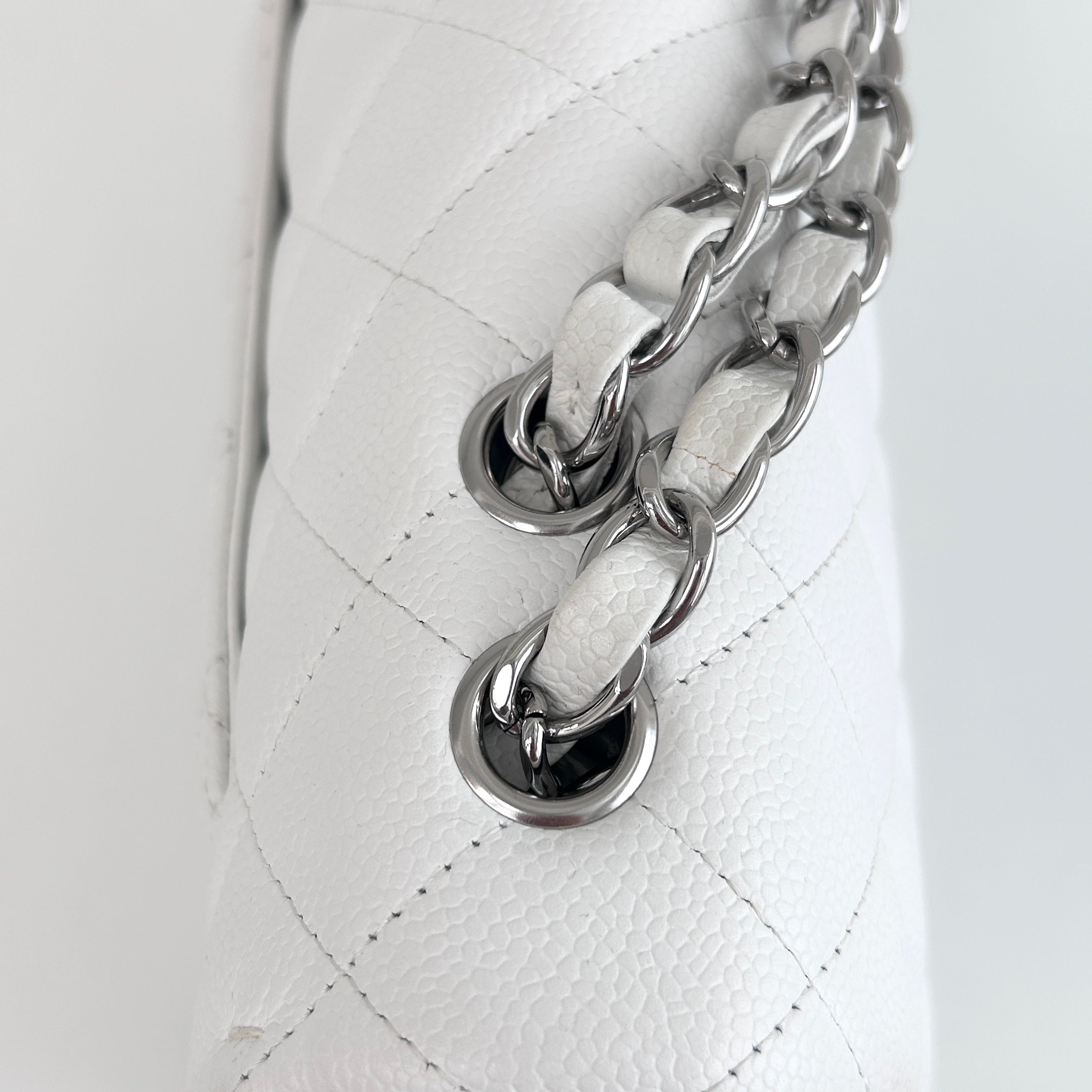 White Caviar Quilted Jumbo Single Flap Bag w/SHW