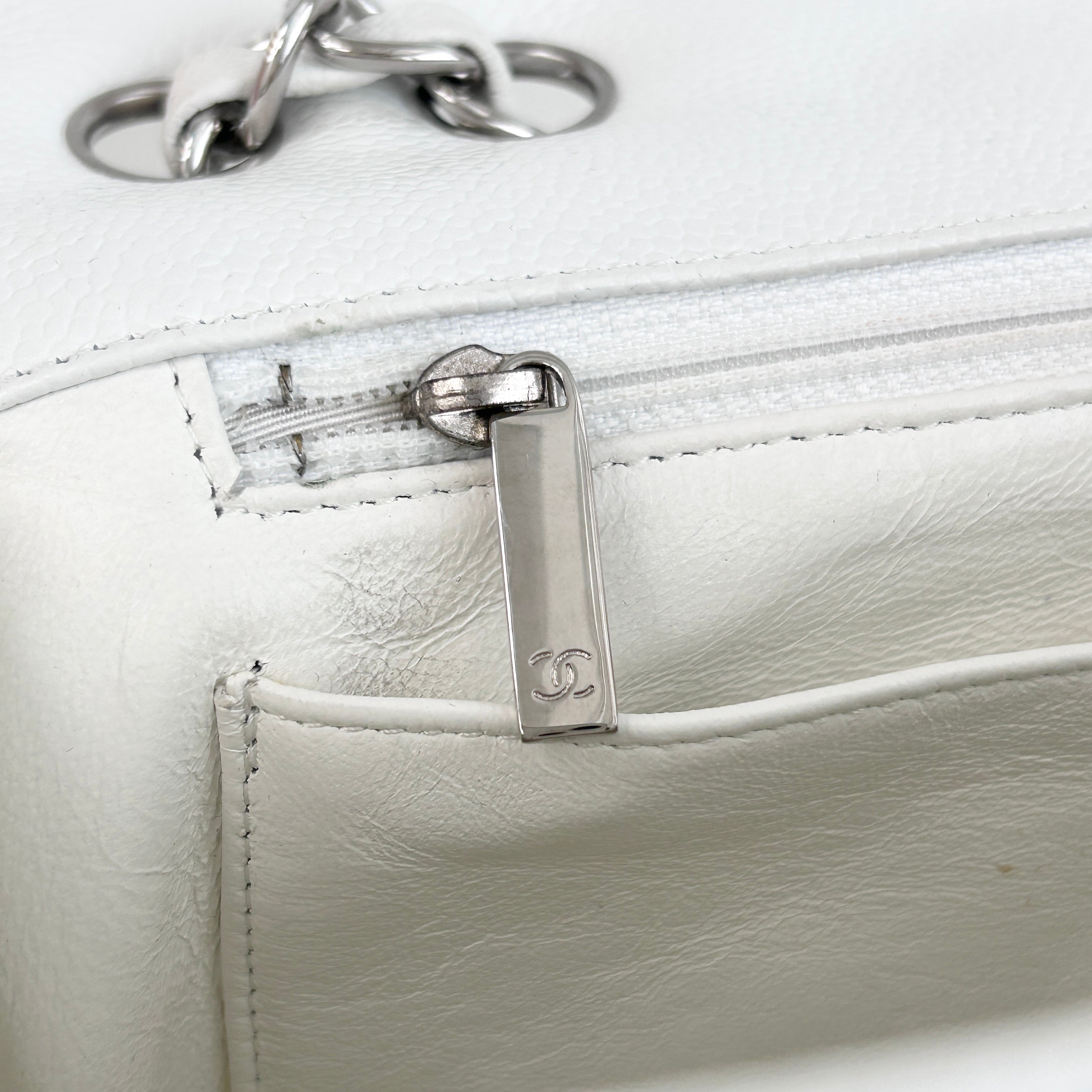 White Caviar Quilted Jumbo Single Flap Bag w/SHW