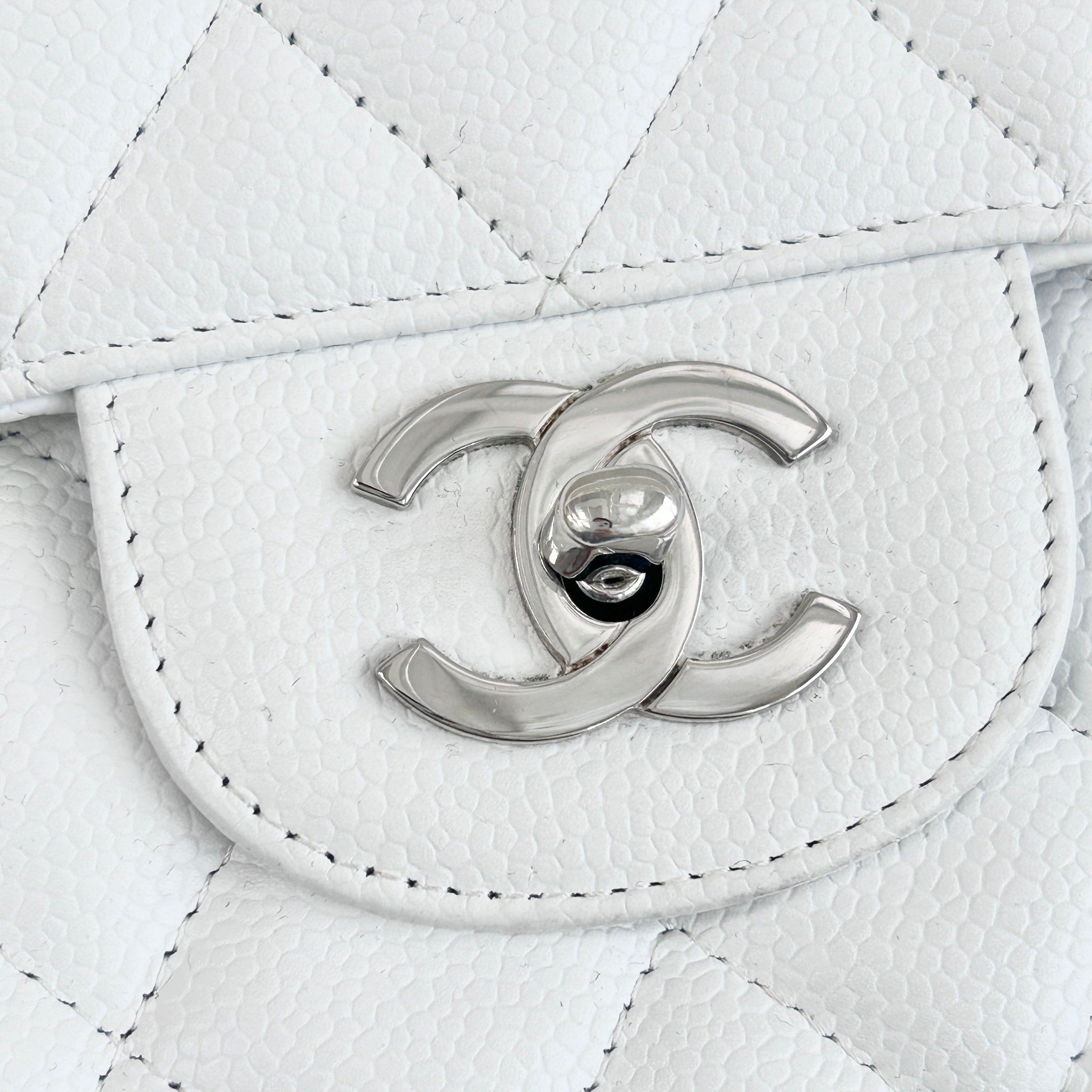 White Caviar Quilted Jumbo Single Flap Bag w/SHW