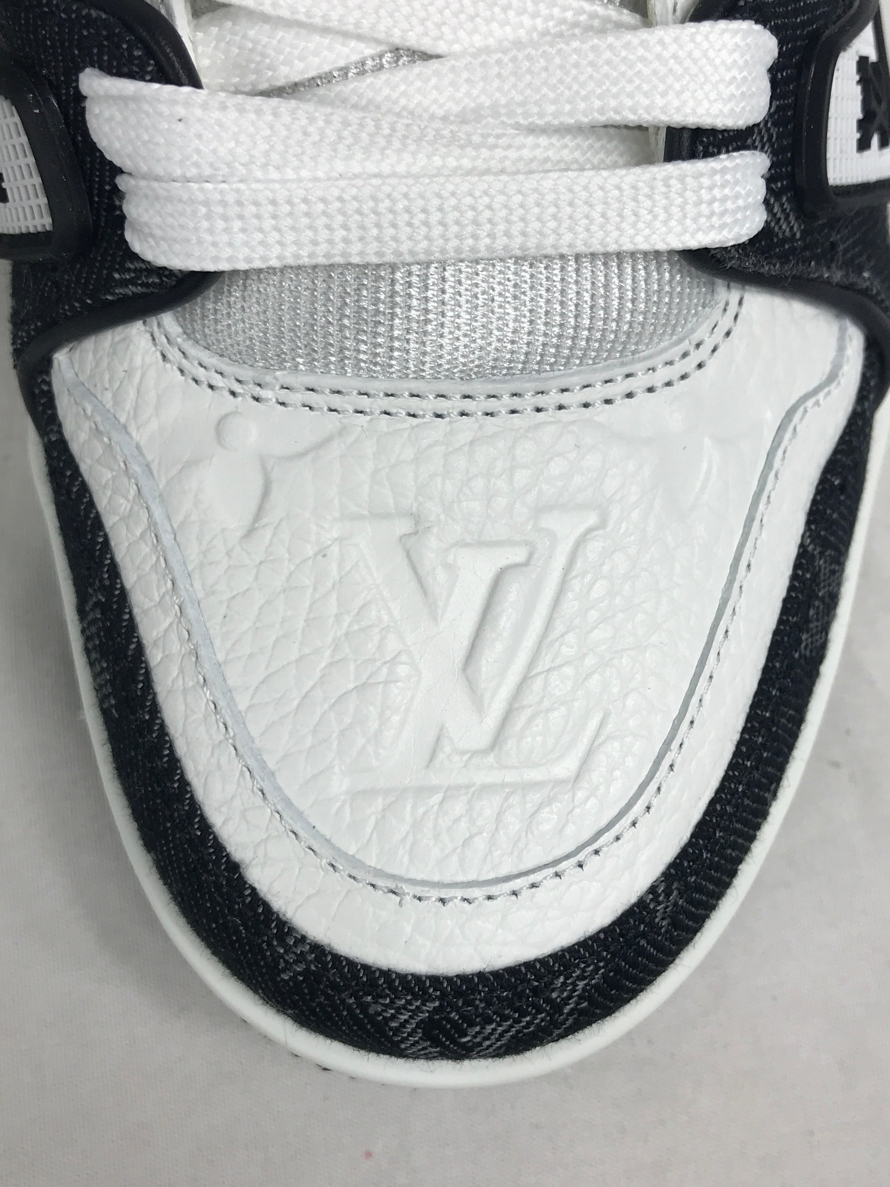 White Monogram Embossed Grained Calf leather &/Black Monogram Denim Trainer Sneakers,