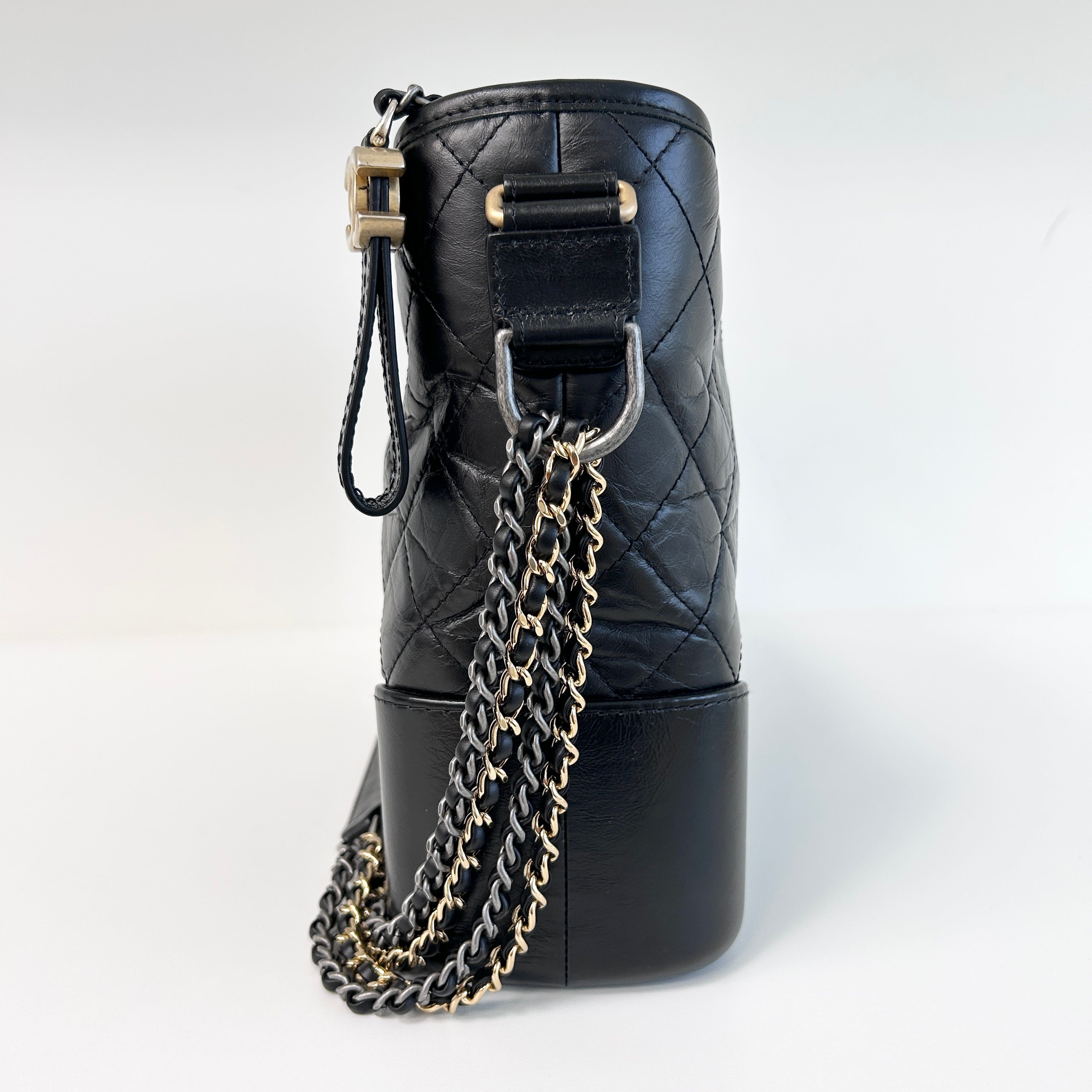 Black Aged Quilted Calfskin Leather Medium Gabrielle Hobo Bag w/AGHW/RHW/SHW/GHW