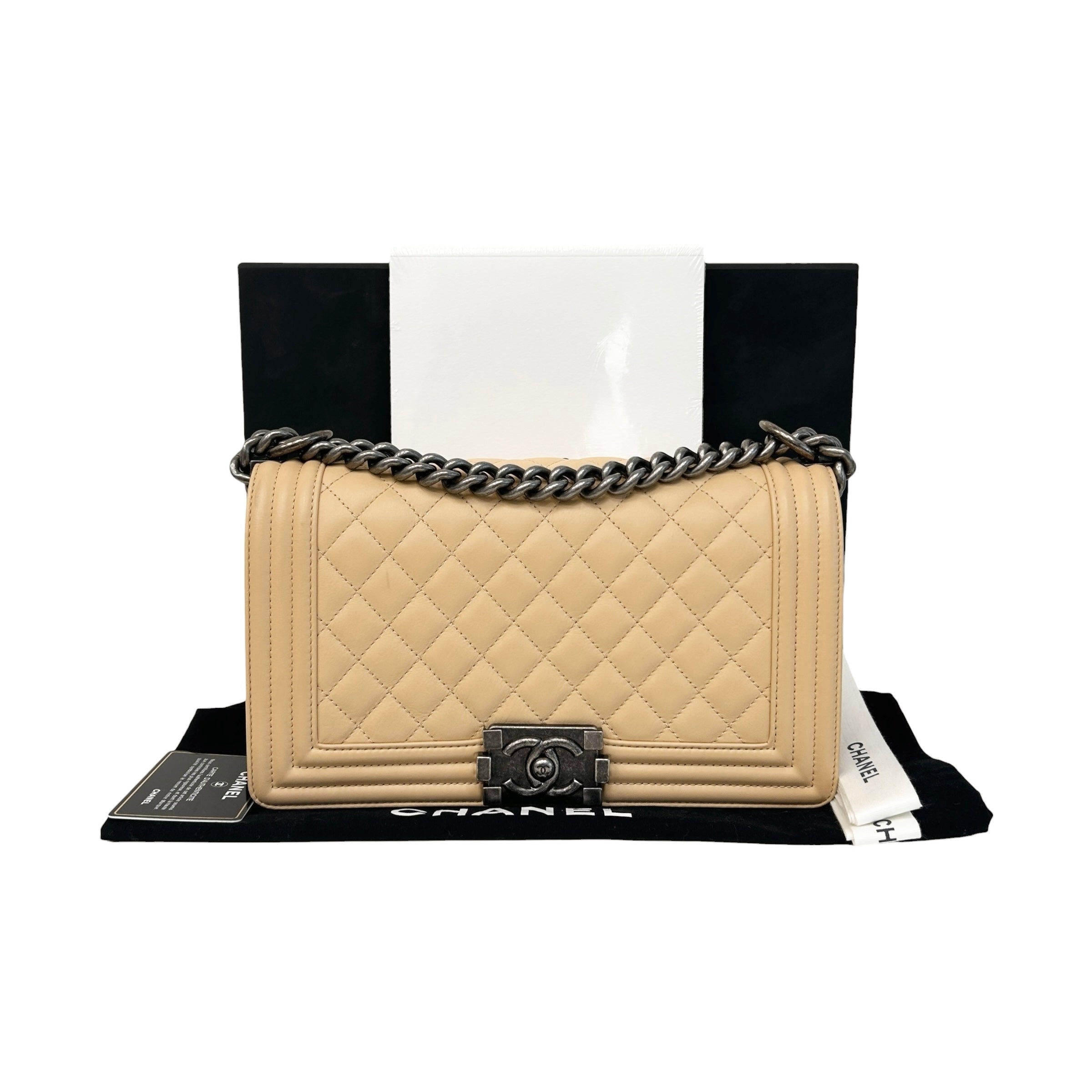 Beige Quilted Lambskin Leather Medium Boy Bag w/RHW