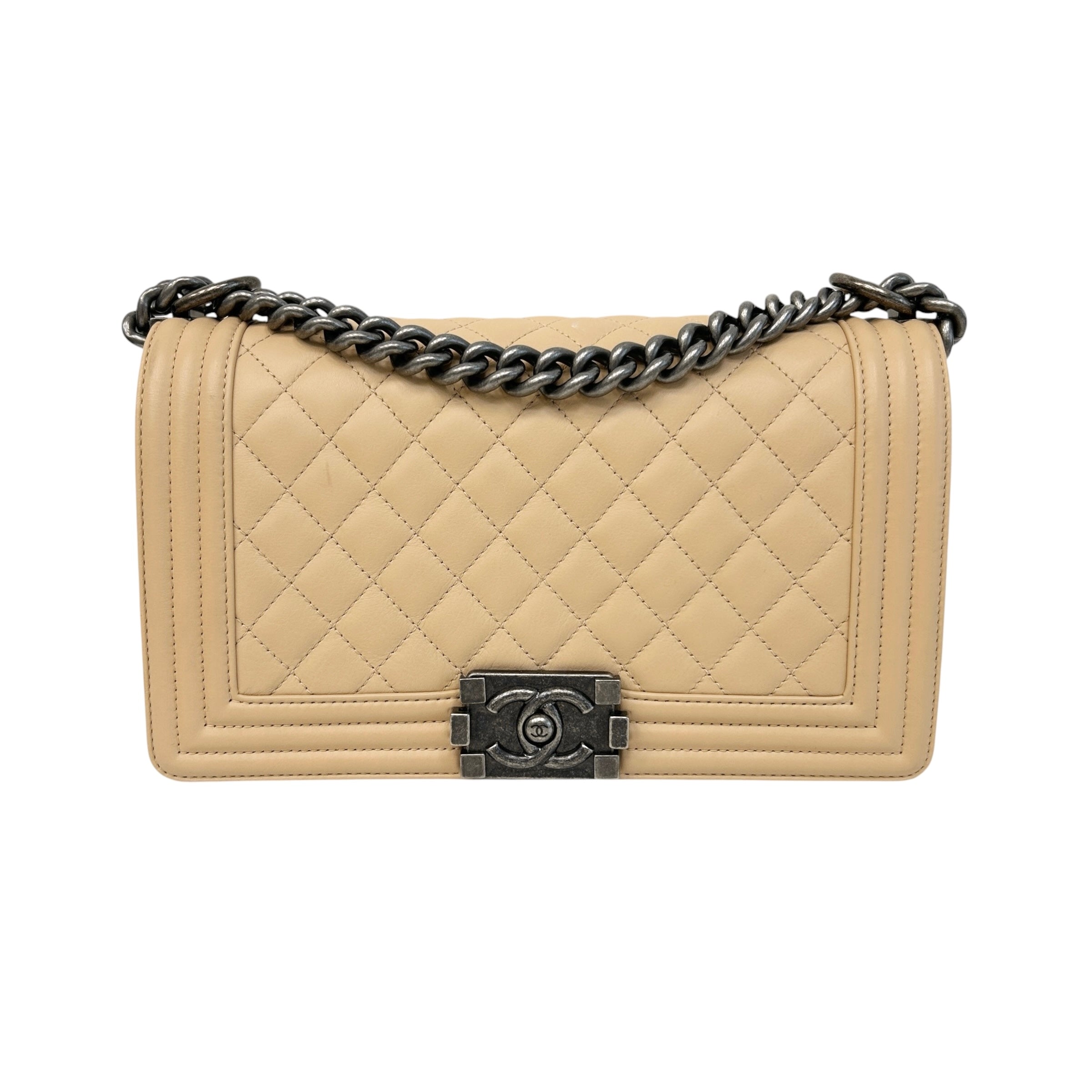 Beige Quilted Lambskin Leather Medium Boy Bag w/RHW
