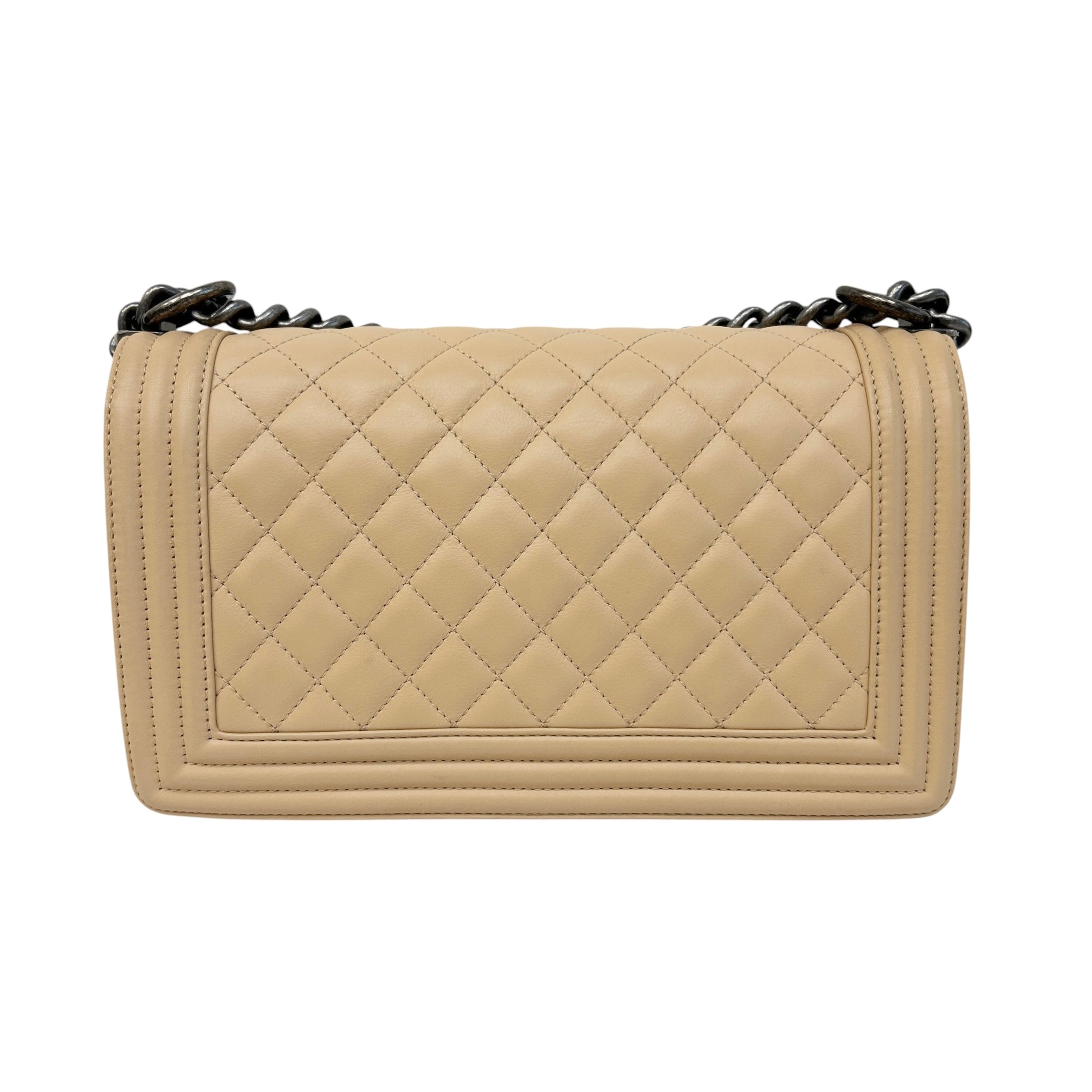 Beige Quilted Lambskin Leather Medium Boy Bag w/RHW