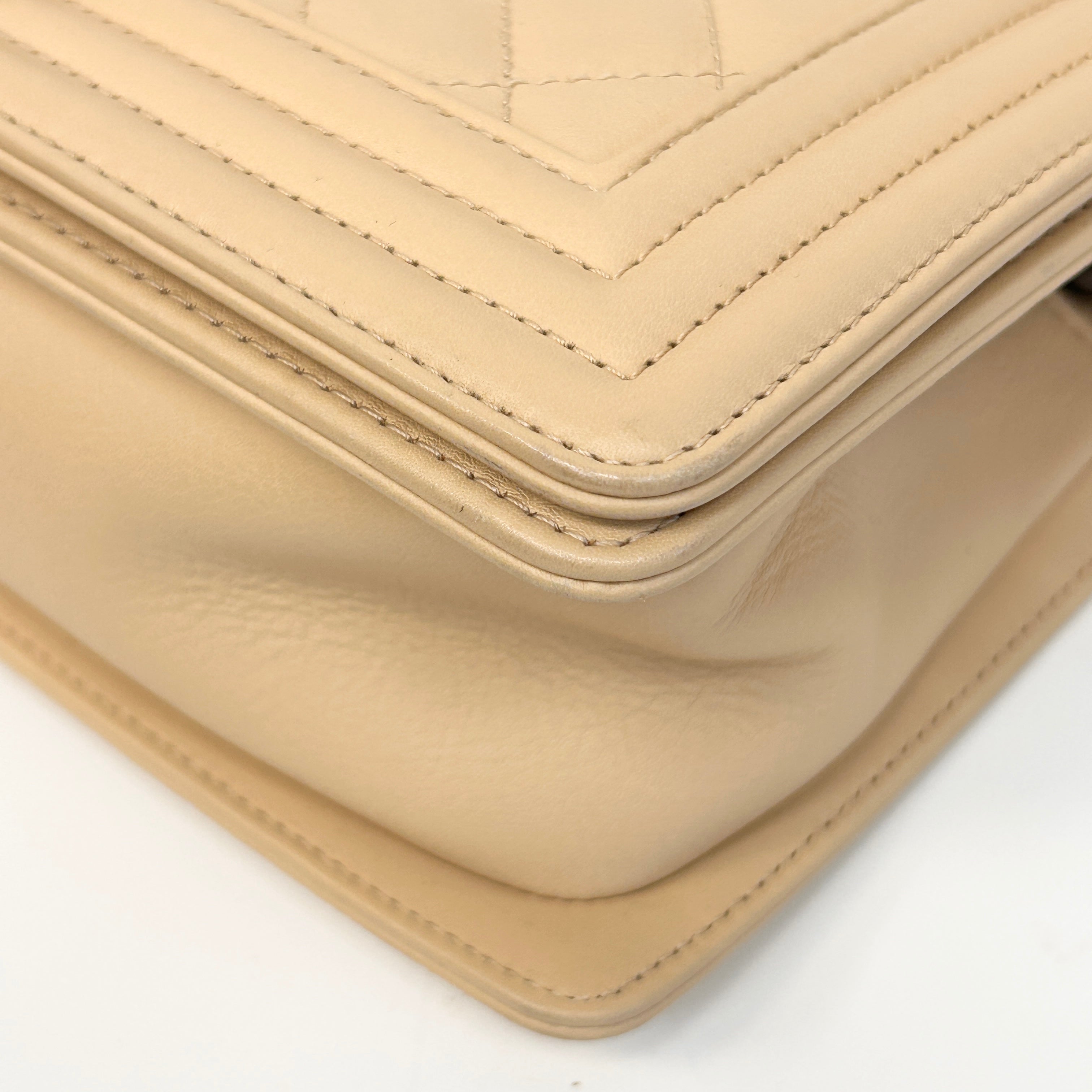 Beige Quilted Lambskin Leather Medium Boy Bag w/RHW