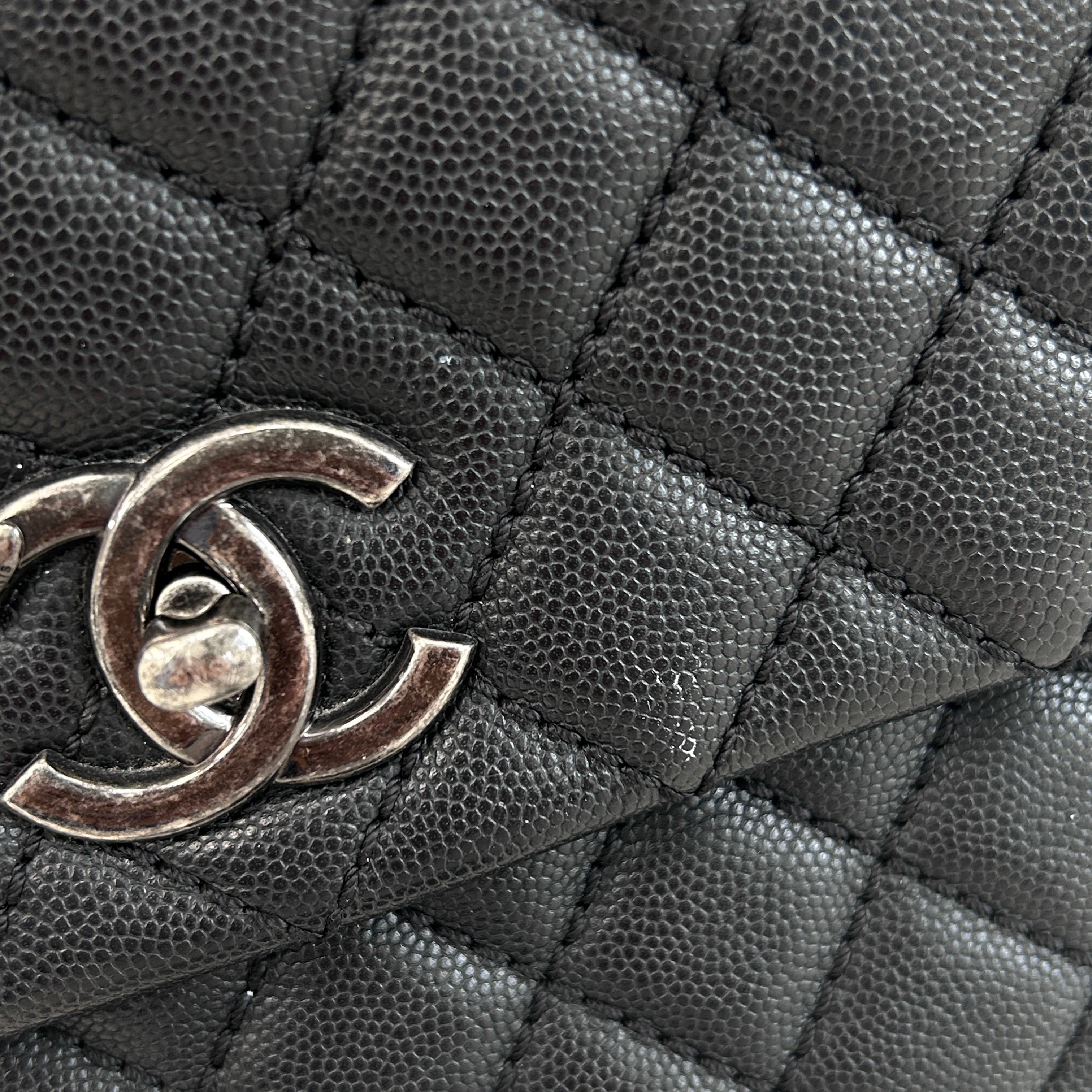 Black Caviar Quilted Coco Handle Large Bag w/RHW