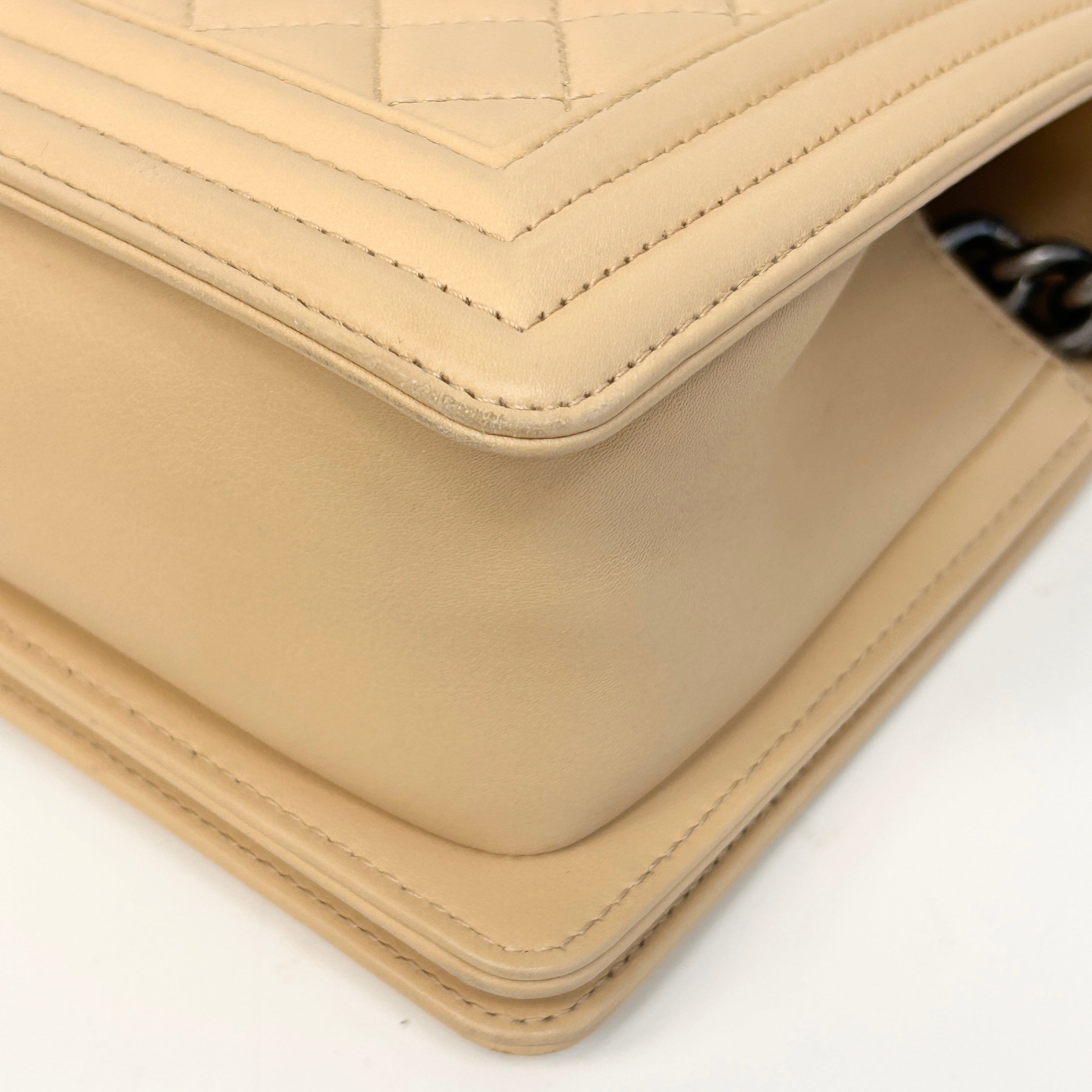 Beige Quilted Lambskin Leather Medium Boy Bag w/RHW