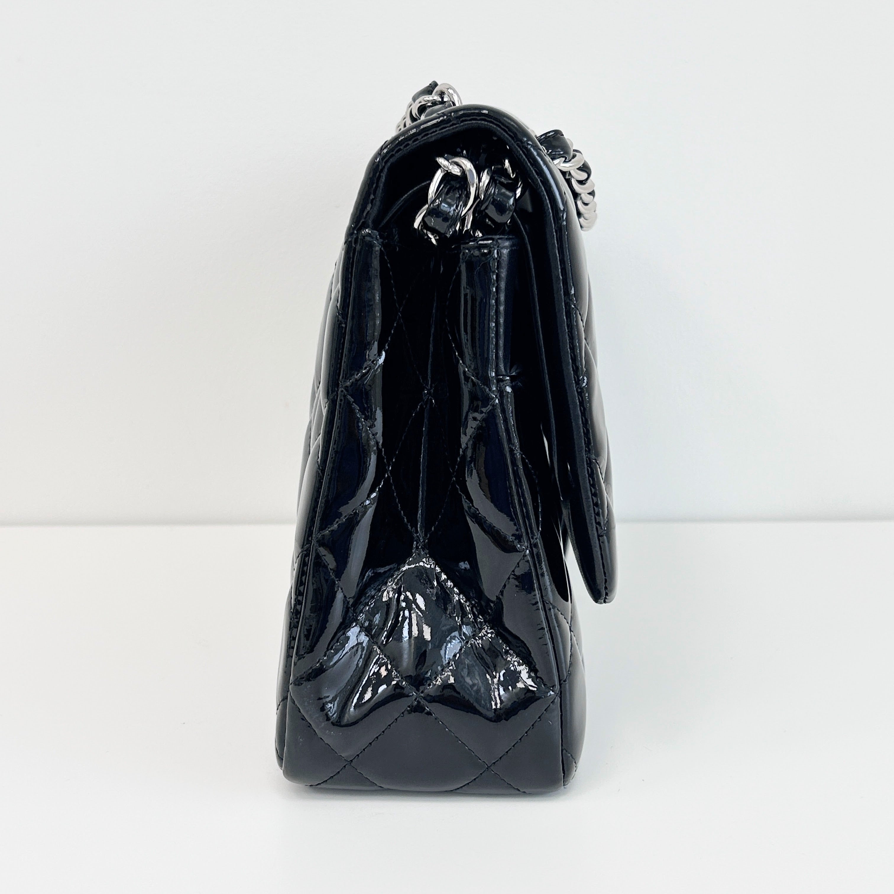 Black Patent Quilted Leather Double Flap Jumbo W/SHW