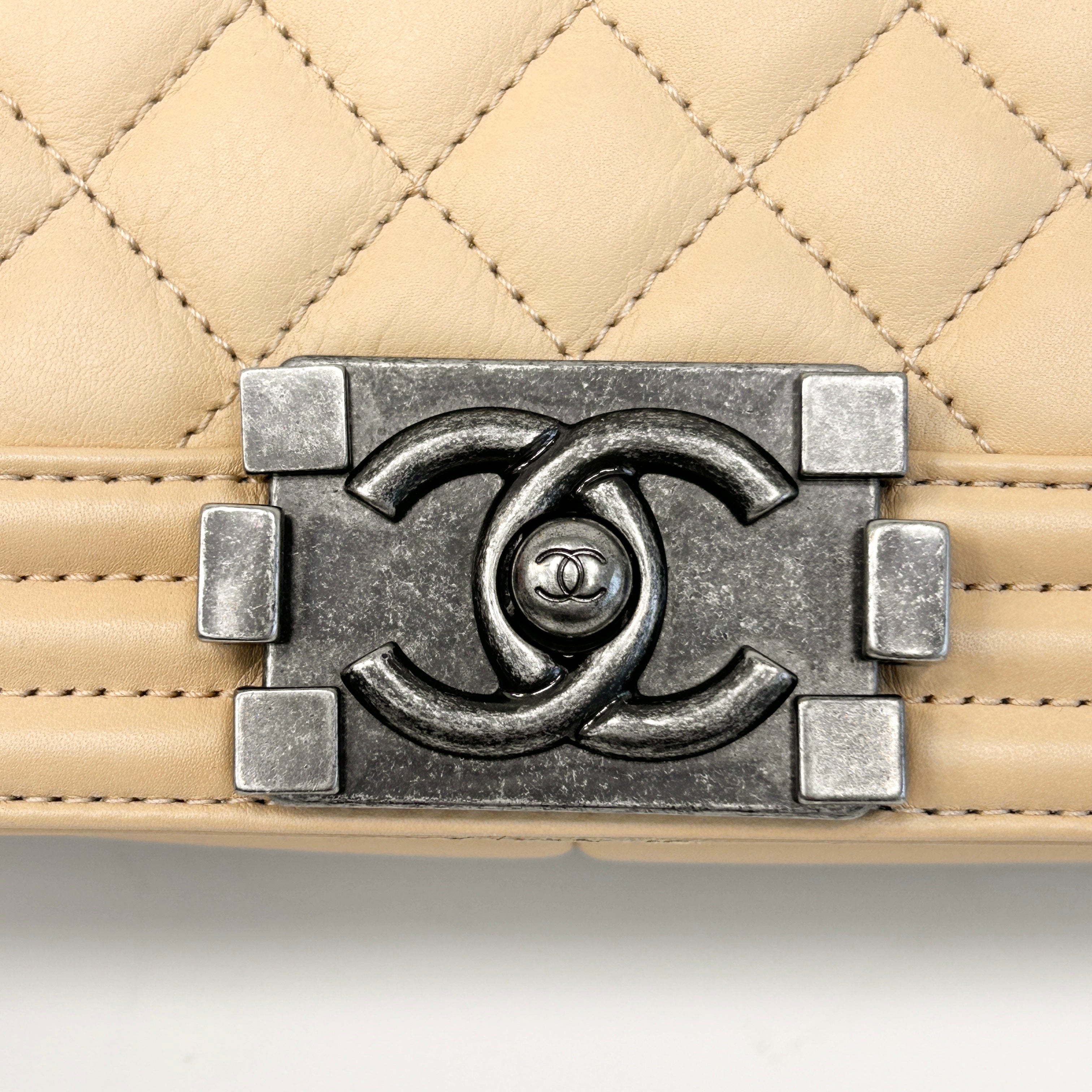 Beige Quilted Lambskin Leather Medium Boy Bag w/RHW