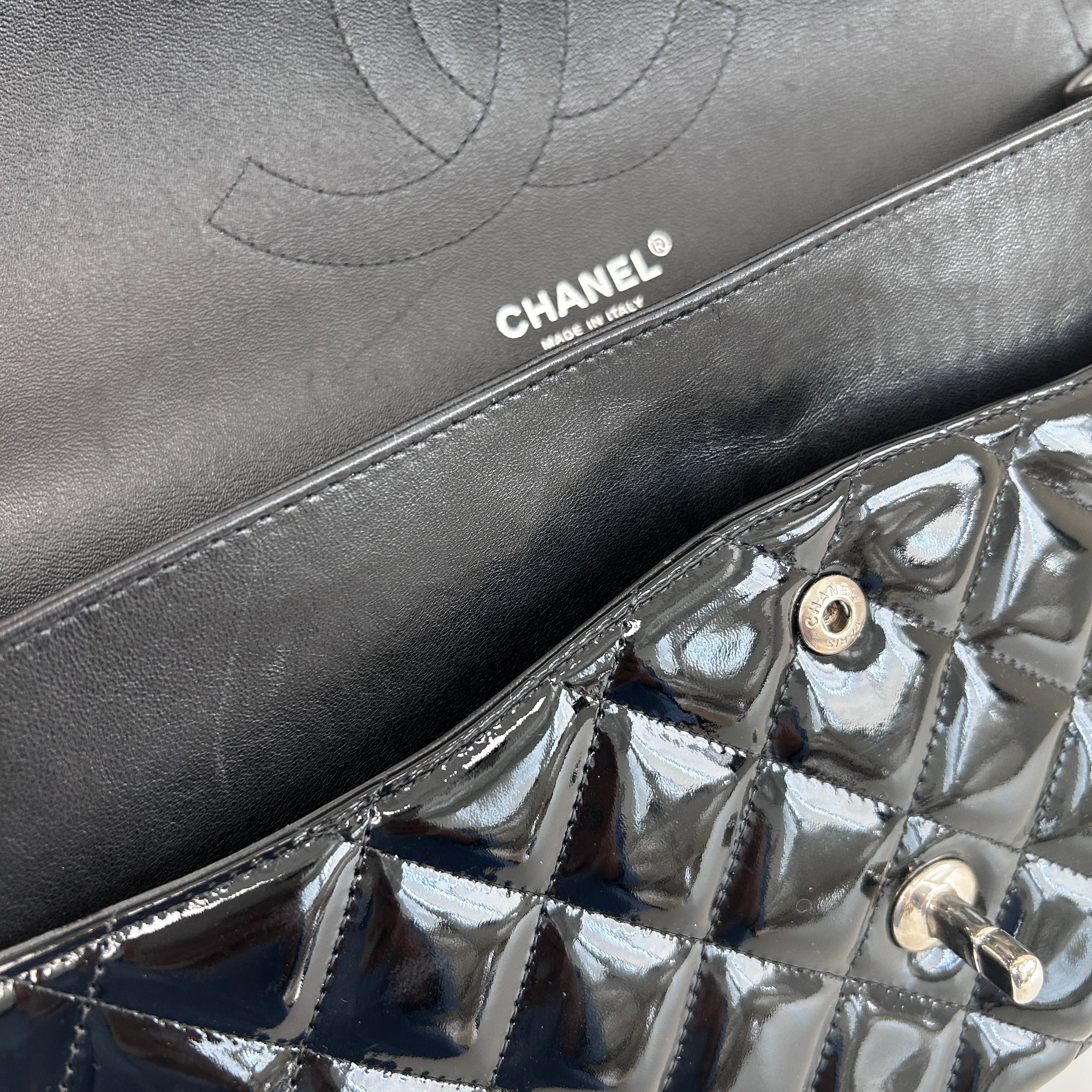 Black Patent Quilted Leather Double Flap Jumbo W/SHW