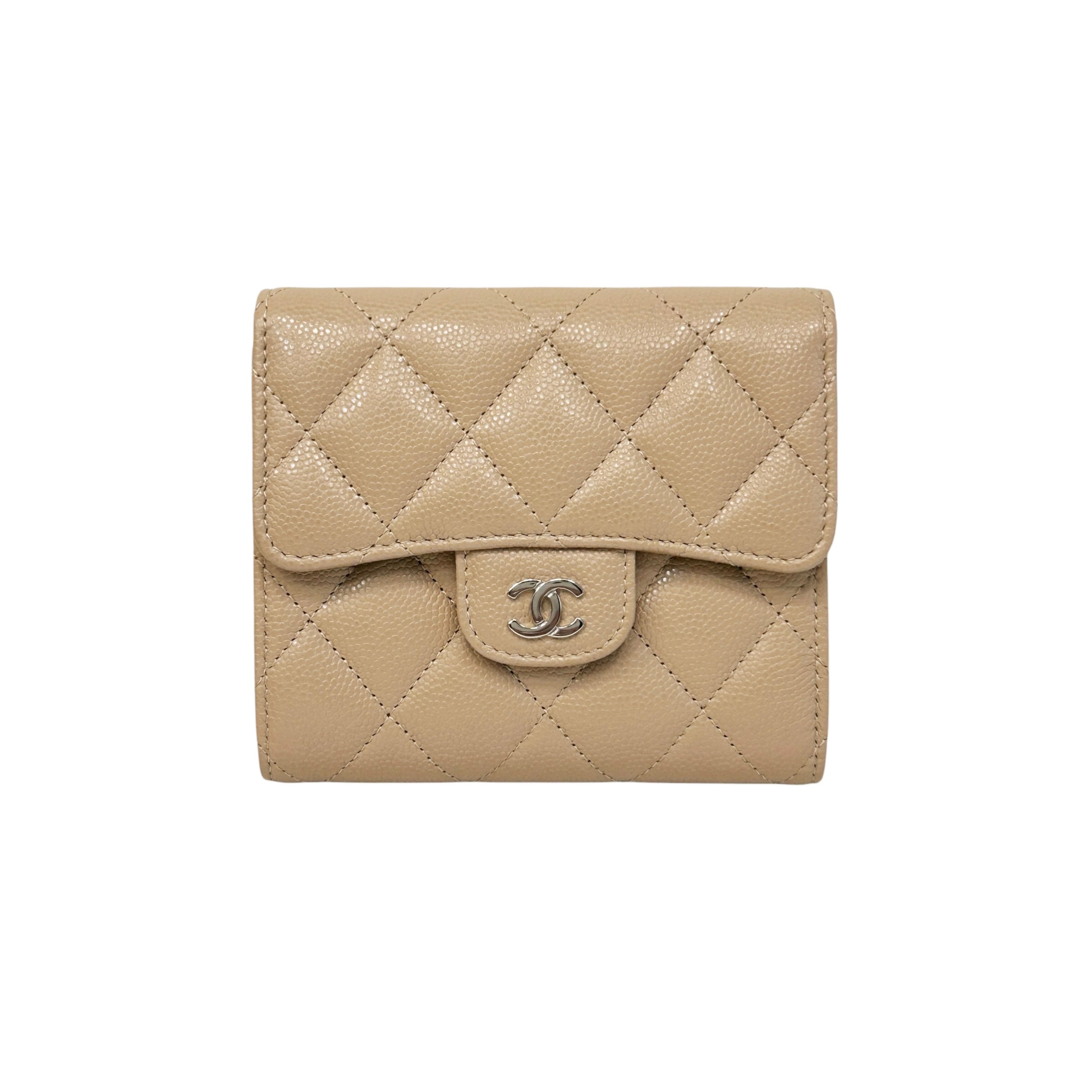 Beige Quilted Caviar Leather CC Compact Flap Wallet