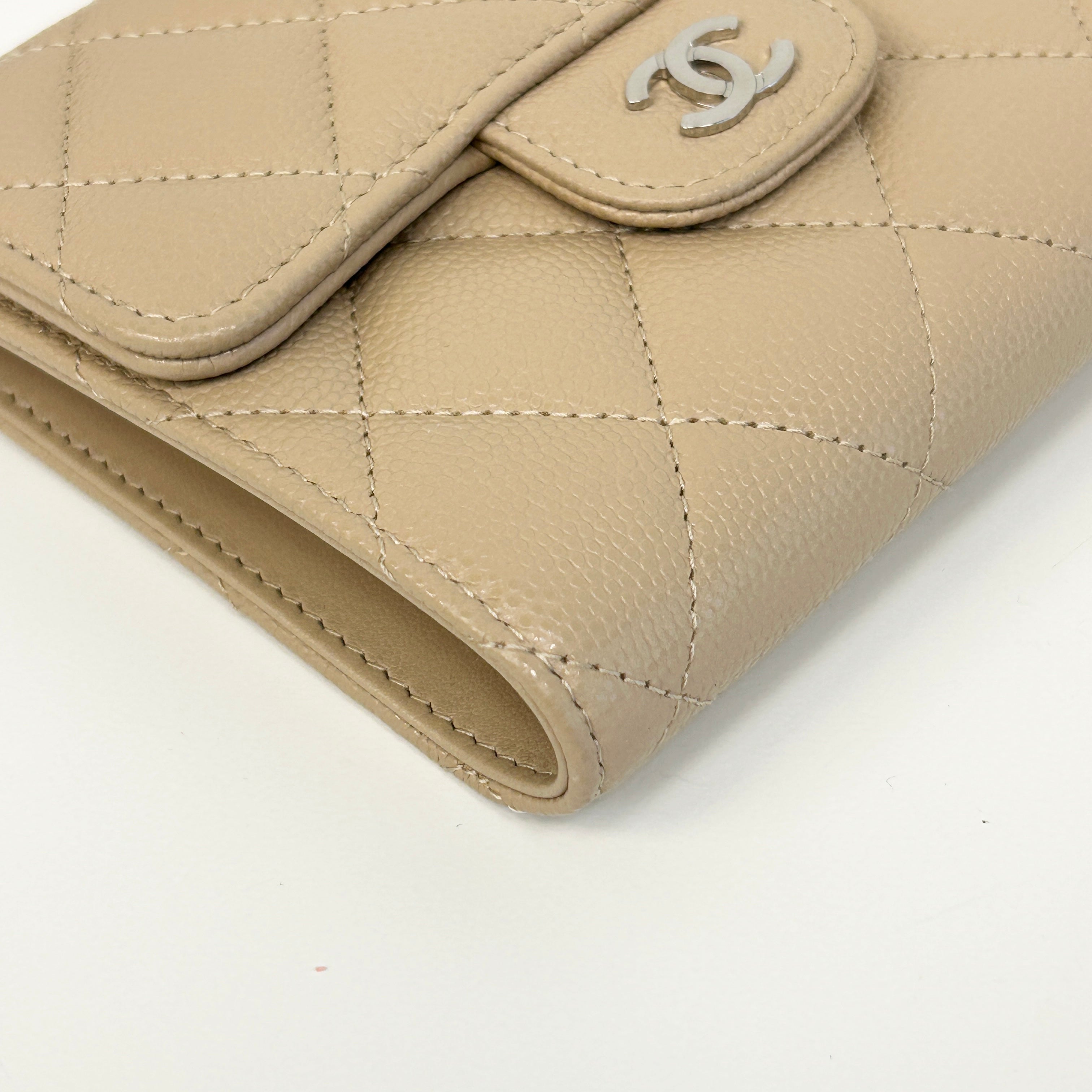 Beige Quilted Caviar Leather CC Compact Flap Wallet
