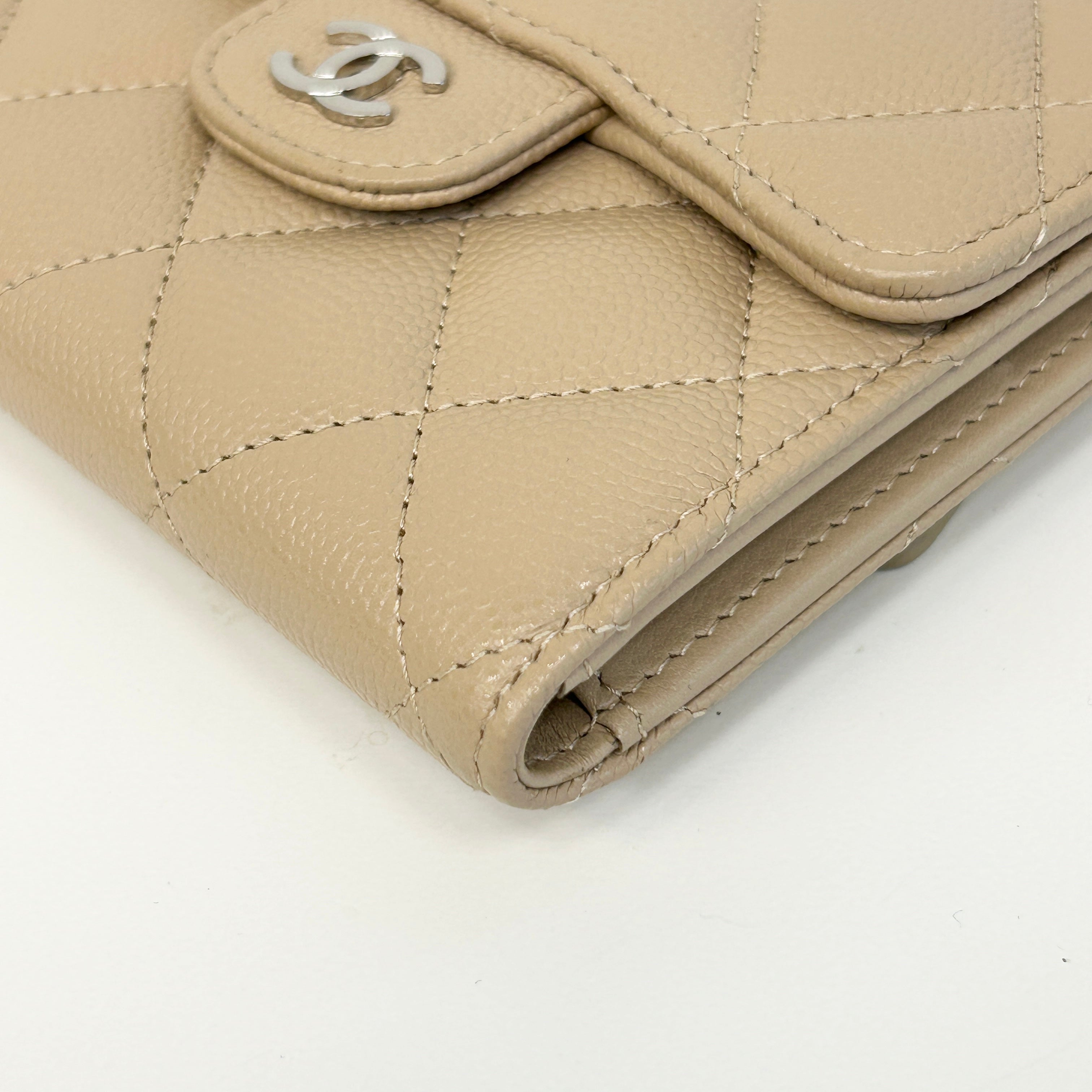 Beige Quilted Caviar Leather CC Compact Flap Wallet