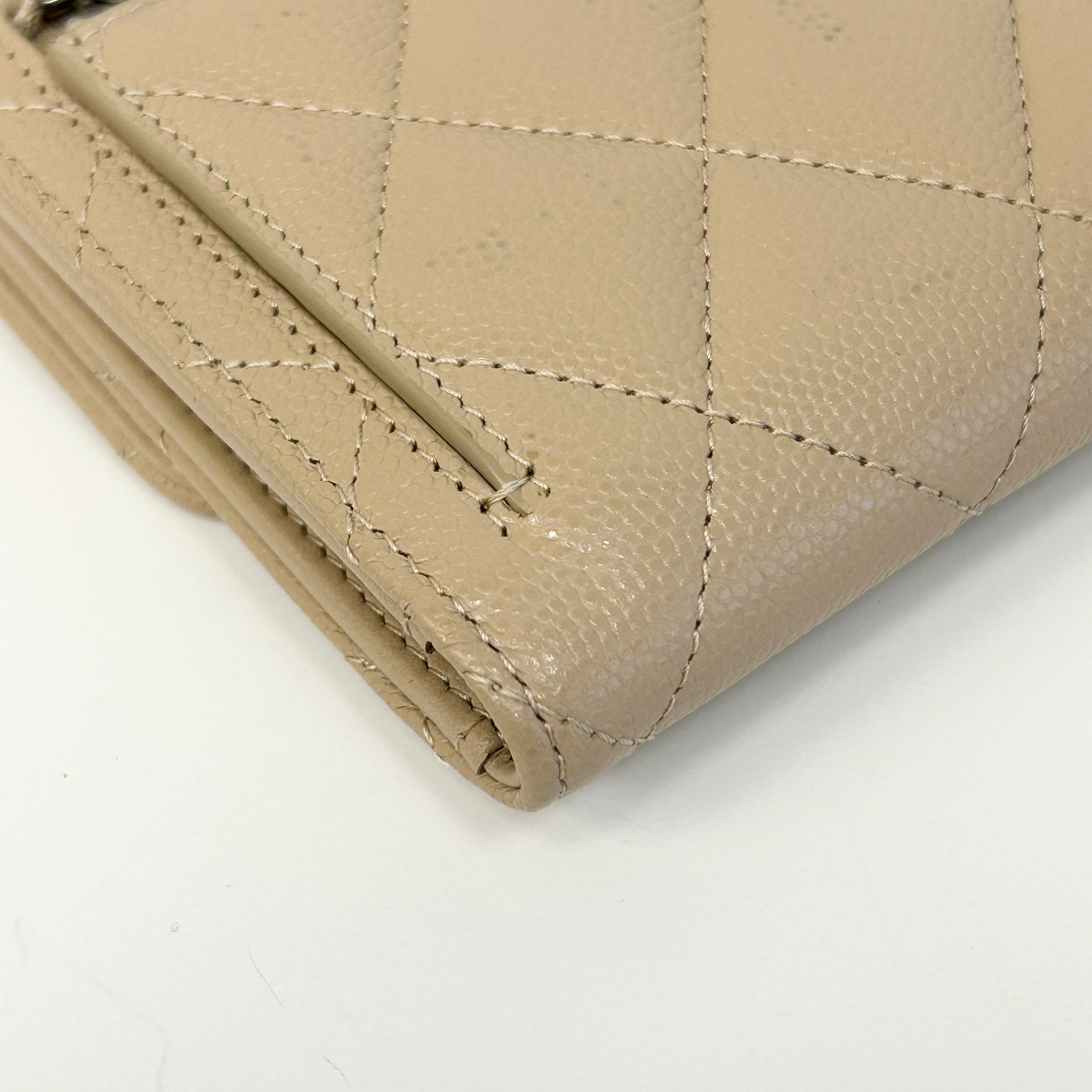 Beige Quilted Caviar Leather CC Compact Flap Wallet