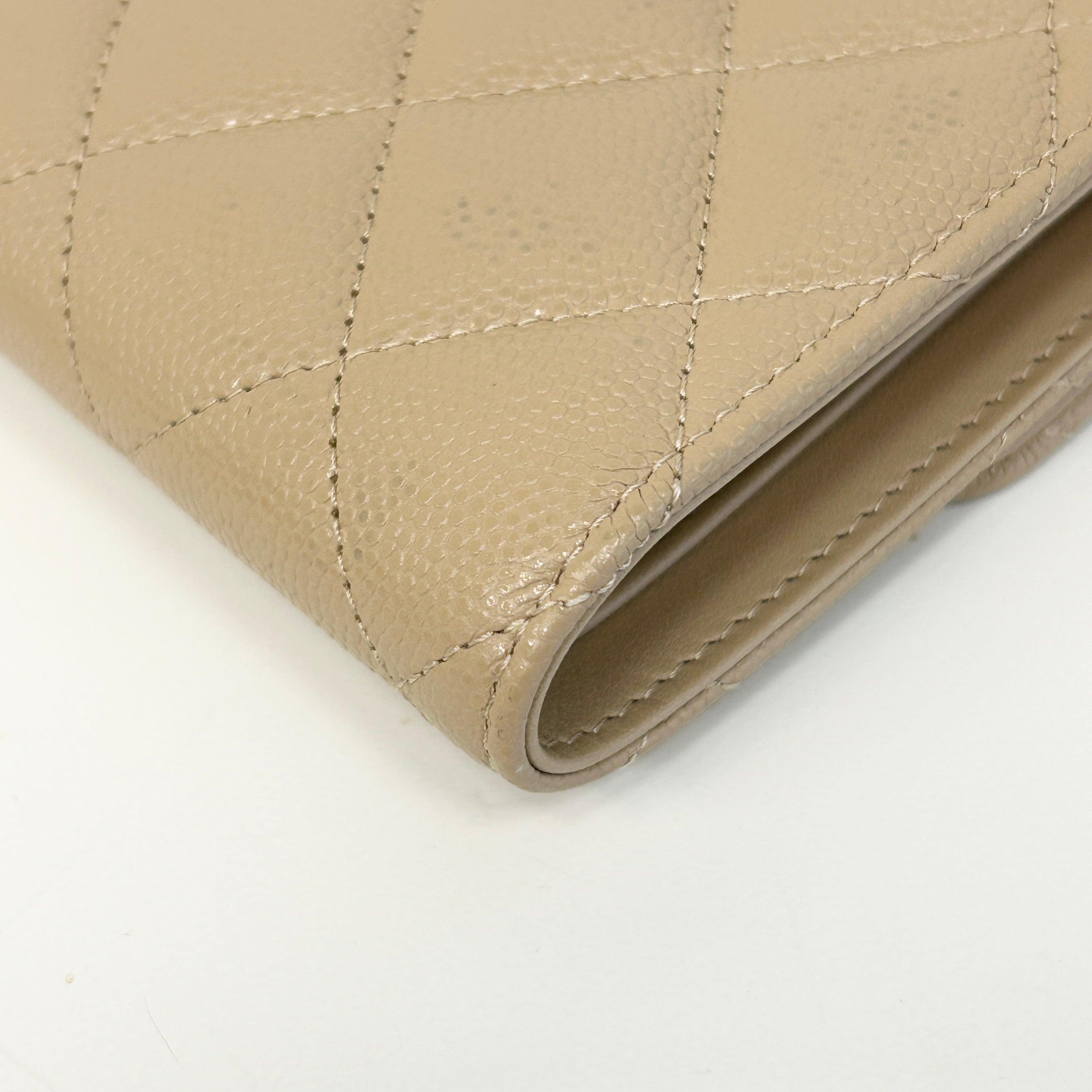 Beige Quilted Caviar Leather CC Compact Flap Wallet