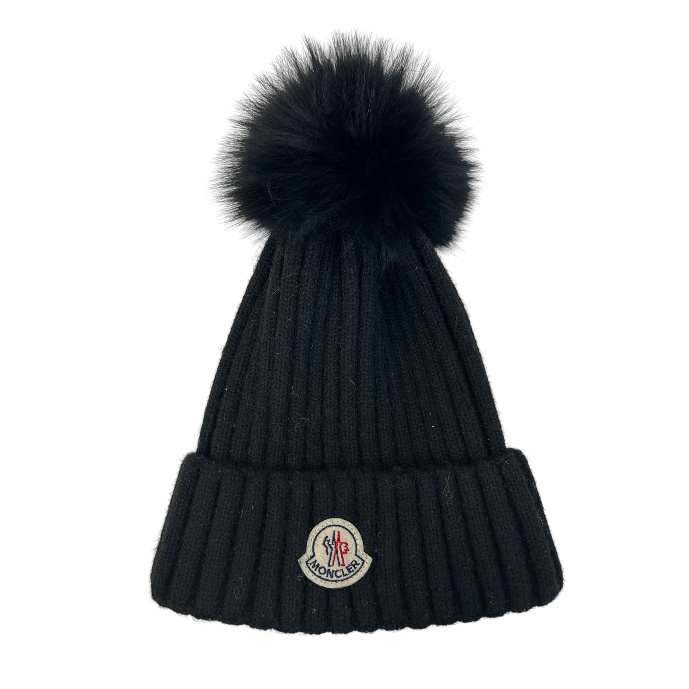Black Wool Knit Fox Fur Pom Pom Berretto Beanie