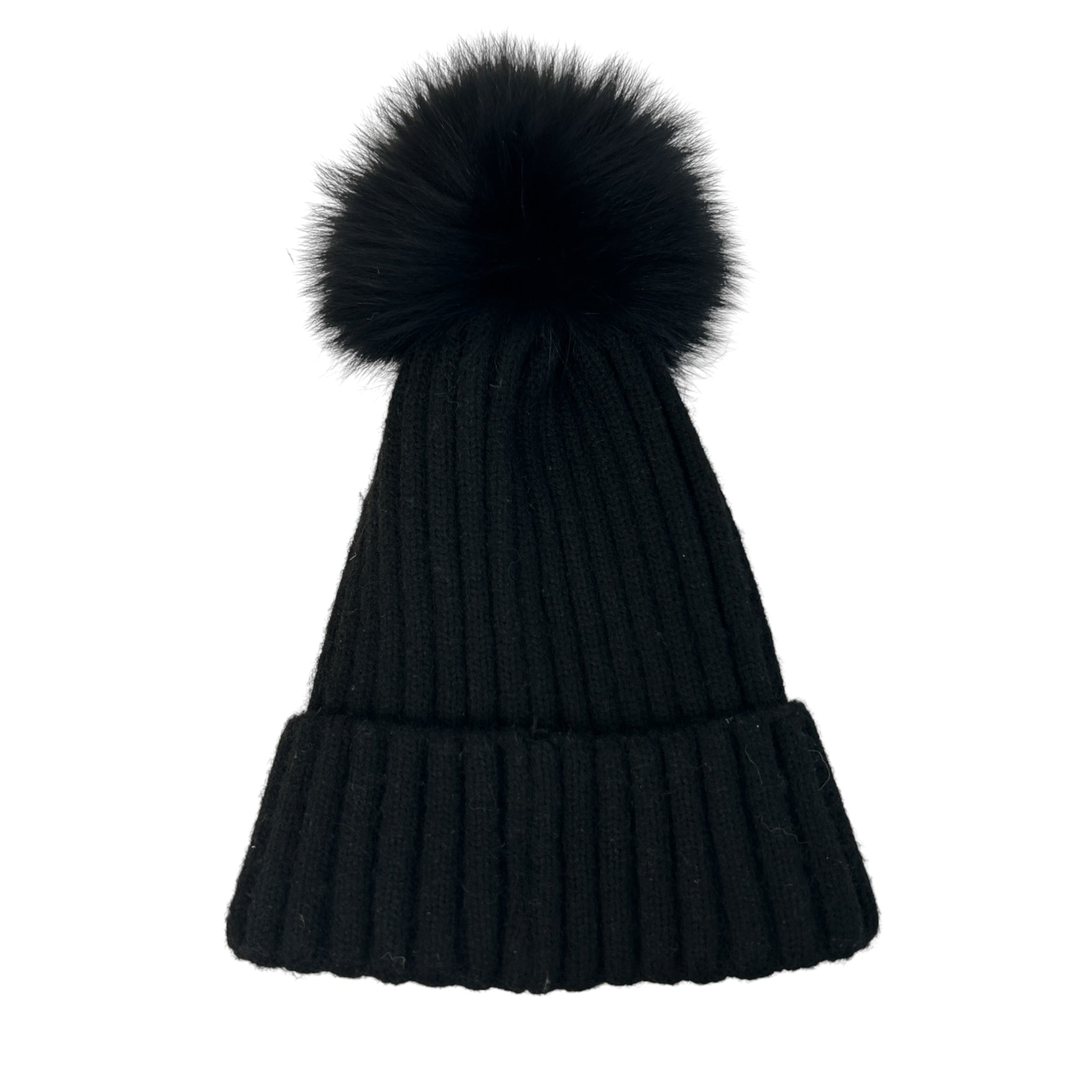 Black Wool Knit Fox Fur Pom Pom Berretto Beanie