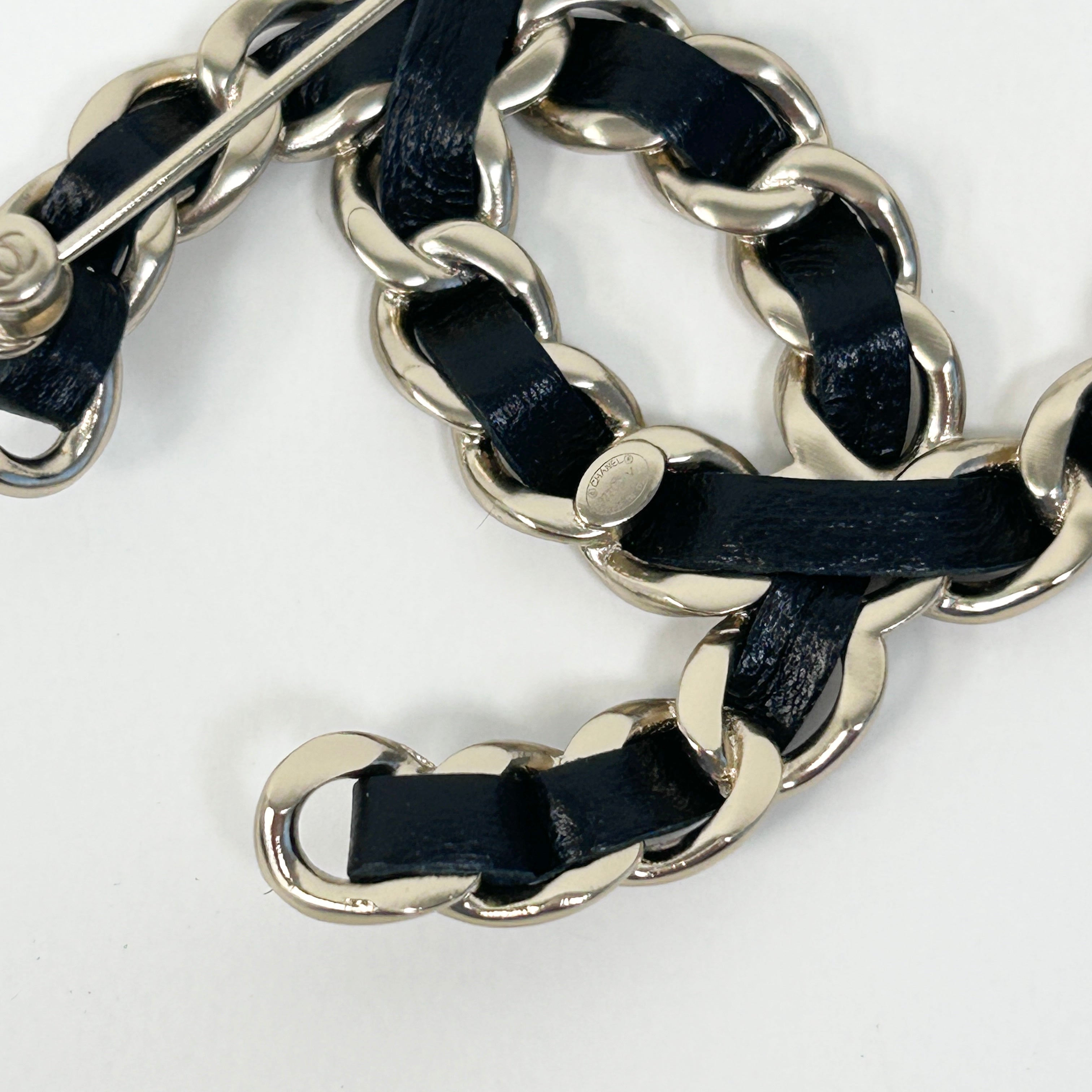 Black Leather and Chain Entwined CC Brooch w/LGHW