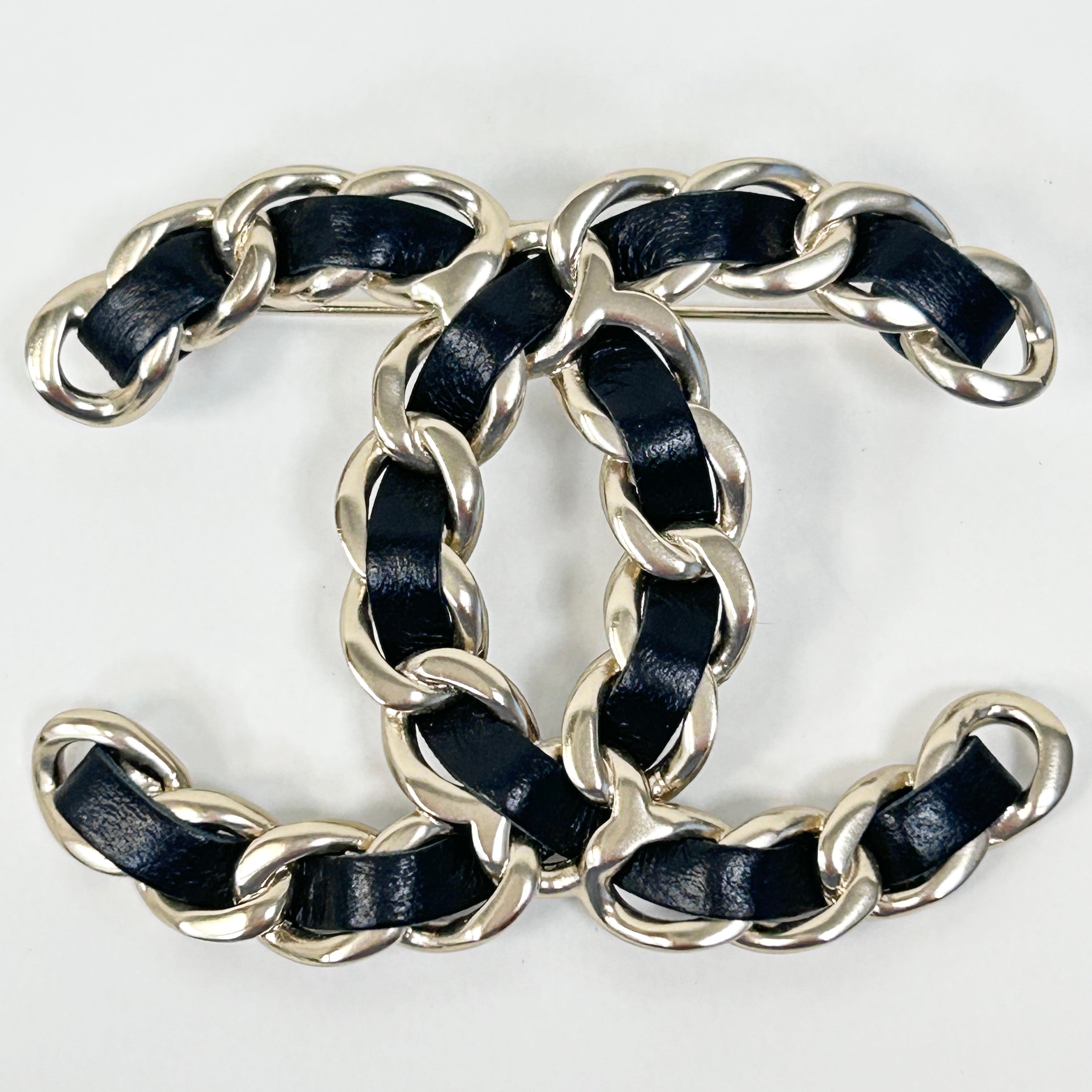 Black Leather and Chain Entwined CC Brooch w/LGHW