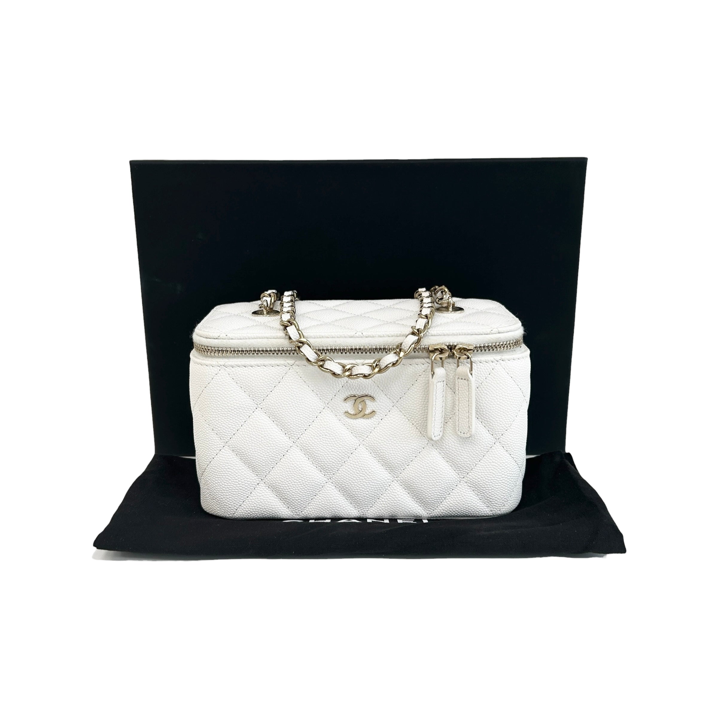 White Quilted Caviar Leather Small Vanity Case with Chain Bag w/GHW