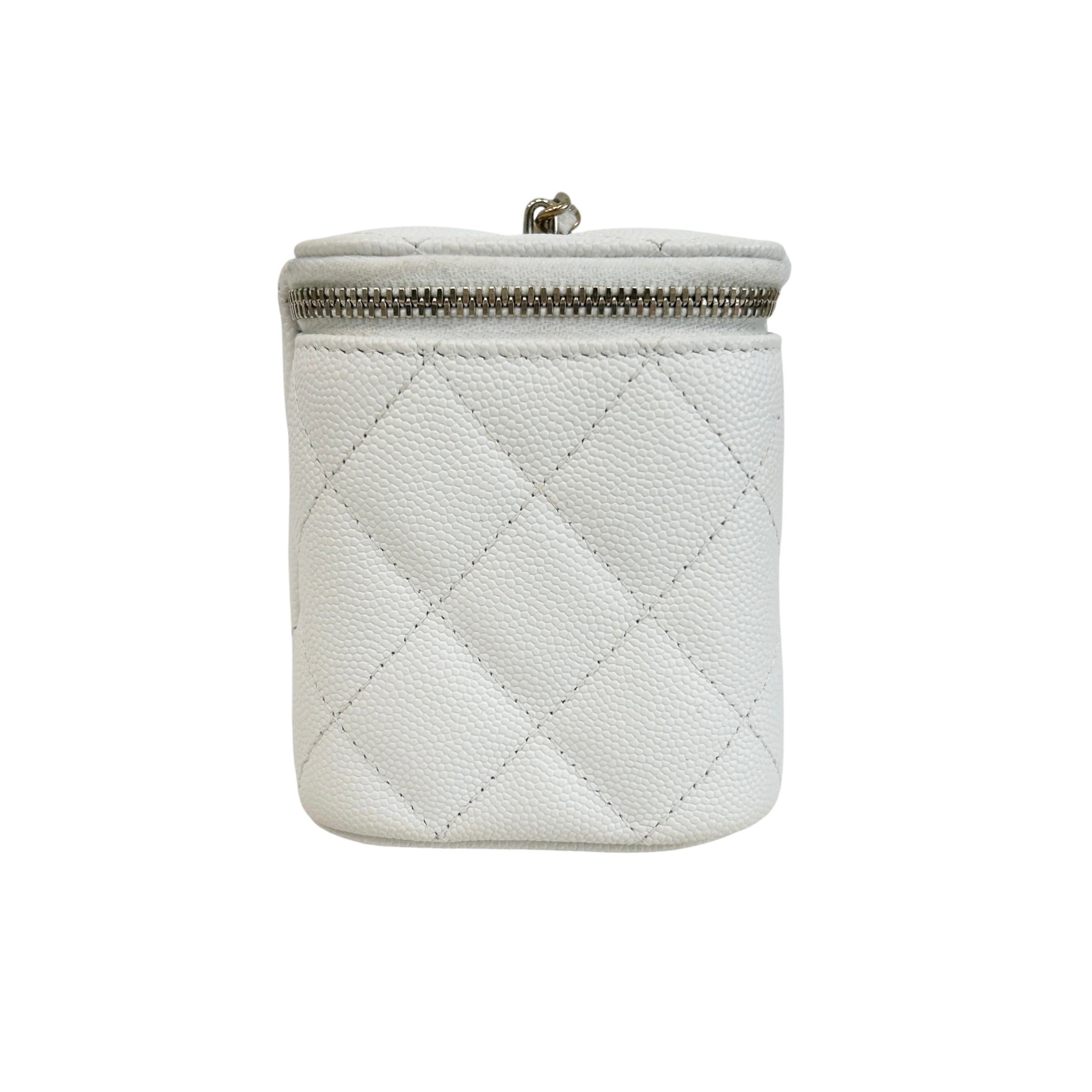 White Quilted Caviar Leather Small Vanity Case with Chain Bag w/GHW