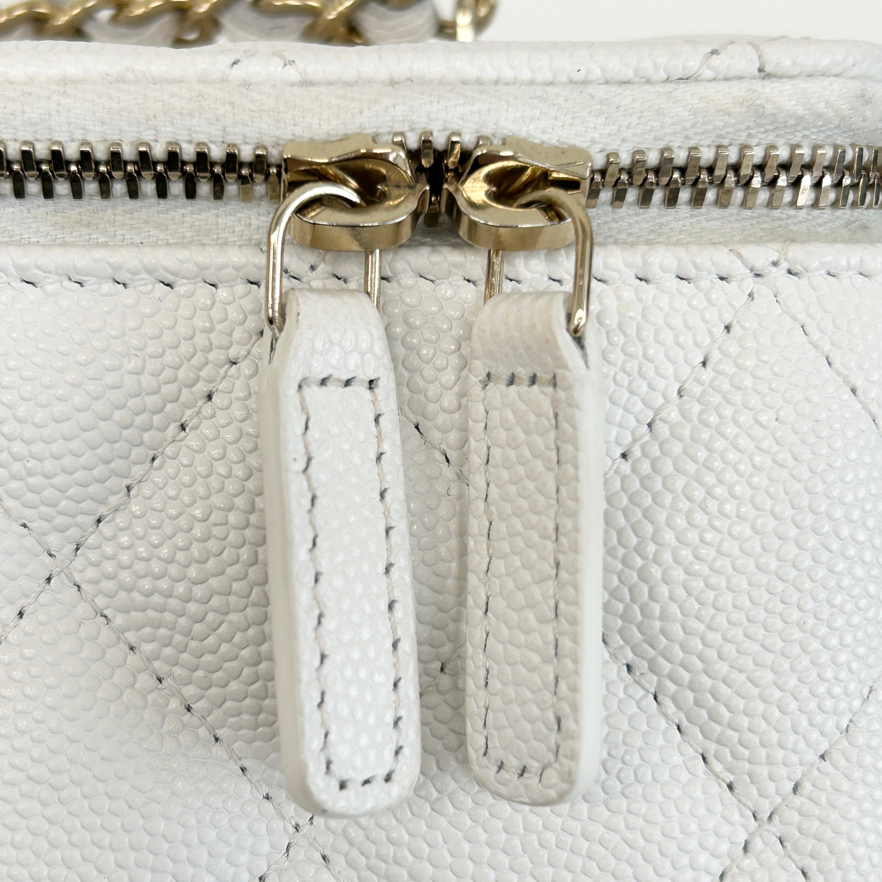 White Quilted Caviar Leather Small Vanity Case with Chain Bag w/GHW
