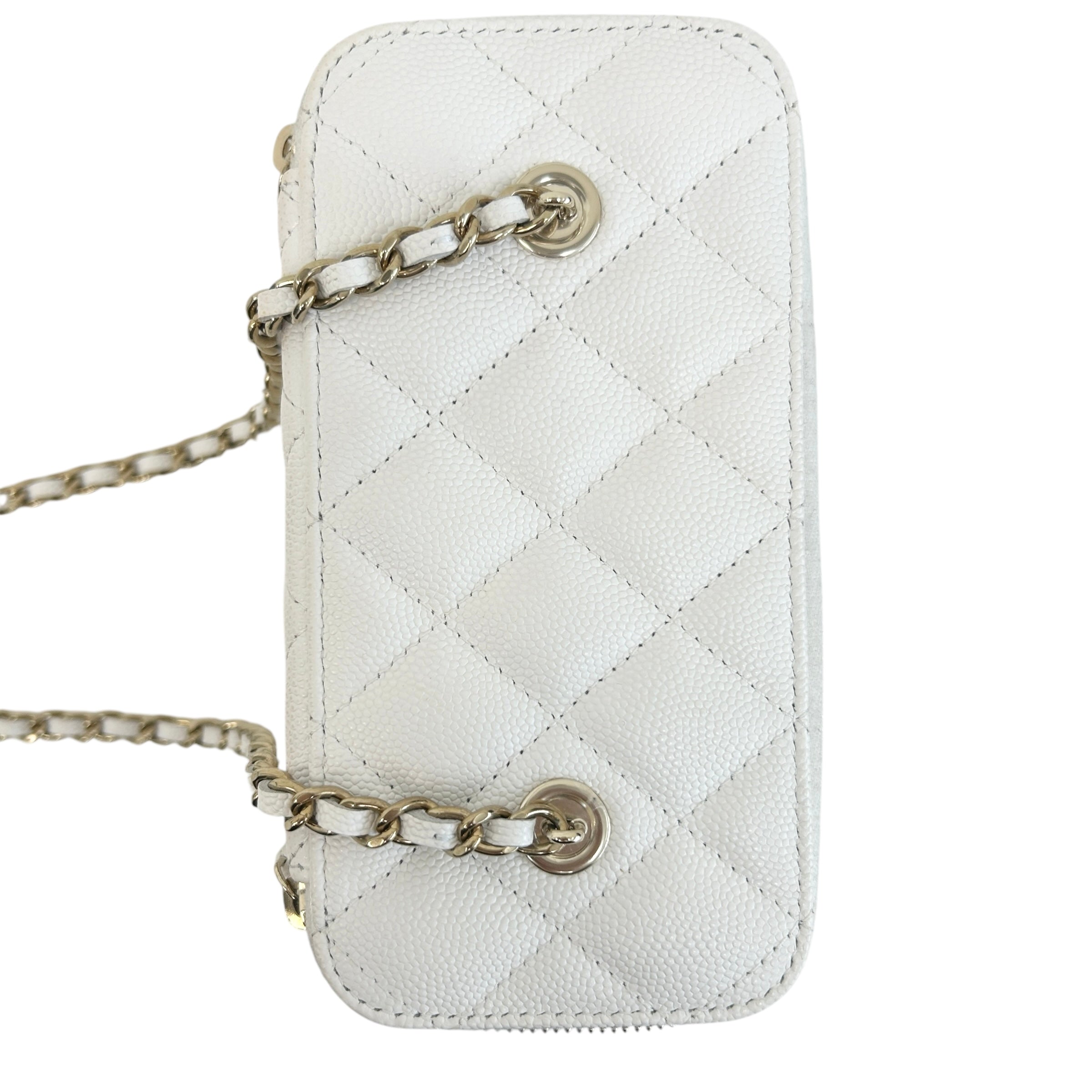 White Quilted Caviar Leather Small Vanity Case with Chain Bag w/GHW