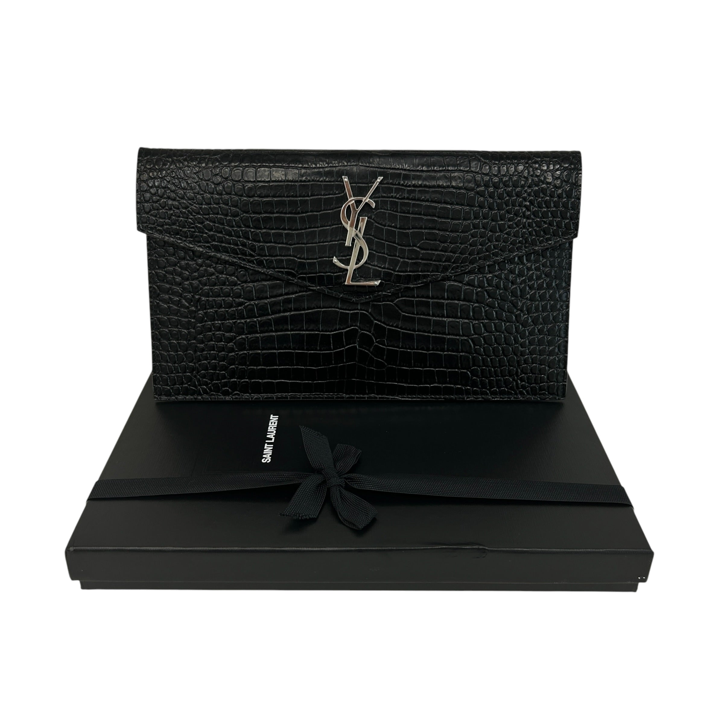 Black Crocodile Embossed Shiny Leather Uptown Pouch w/SHW
